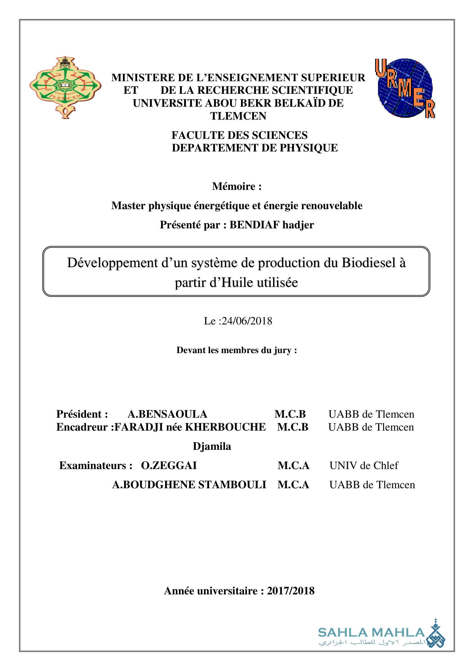 Développement d'un système de production du Biodiesel à partir d'Huile utilisée