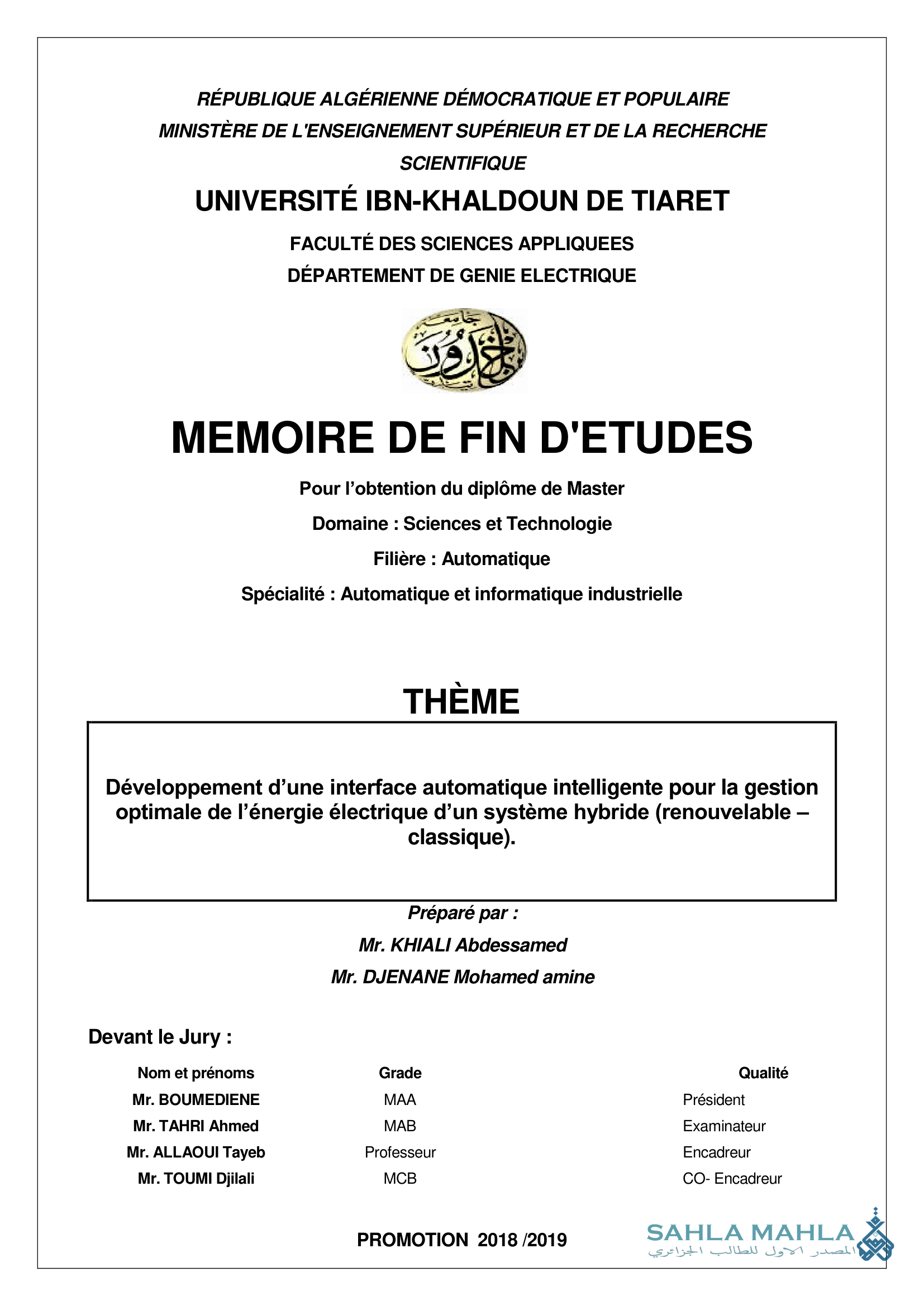 Développement d'une interface automatique intelligente pour la gestion optimale de l'énergie électrique d'un système hybride (renouvelable - classique).