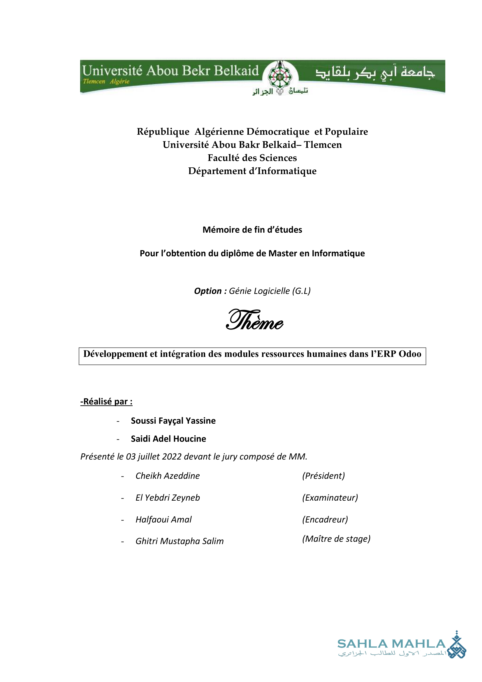 Développement et intégration des modules ressources humaines dans l'ERP Odoo