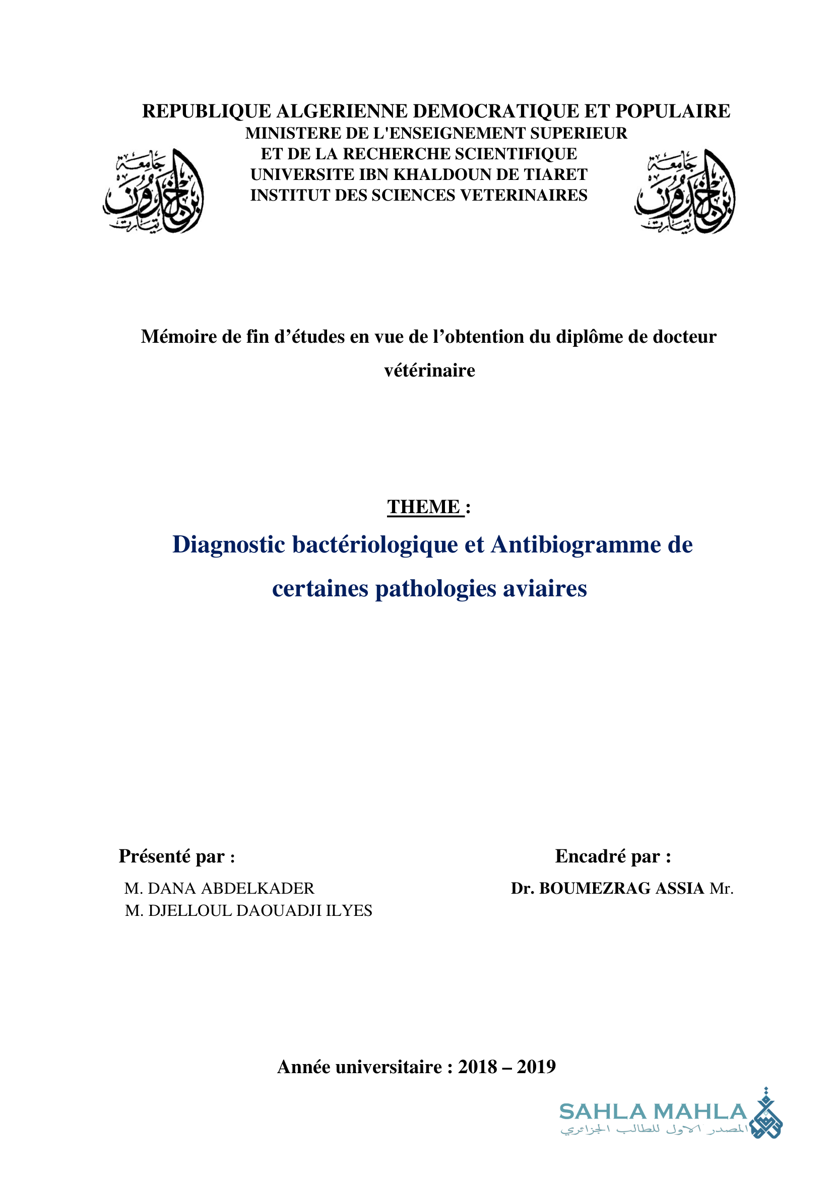 Diagnostic bactériologique et Antibiogramme de certaines pathologies aviaires