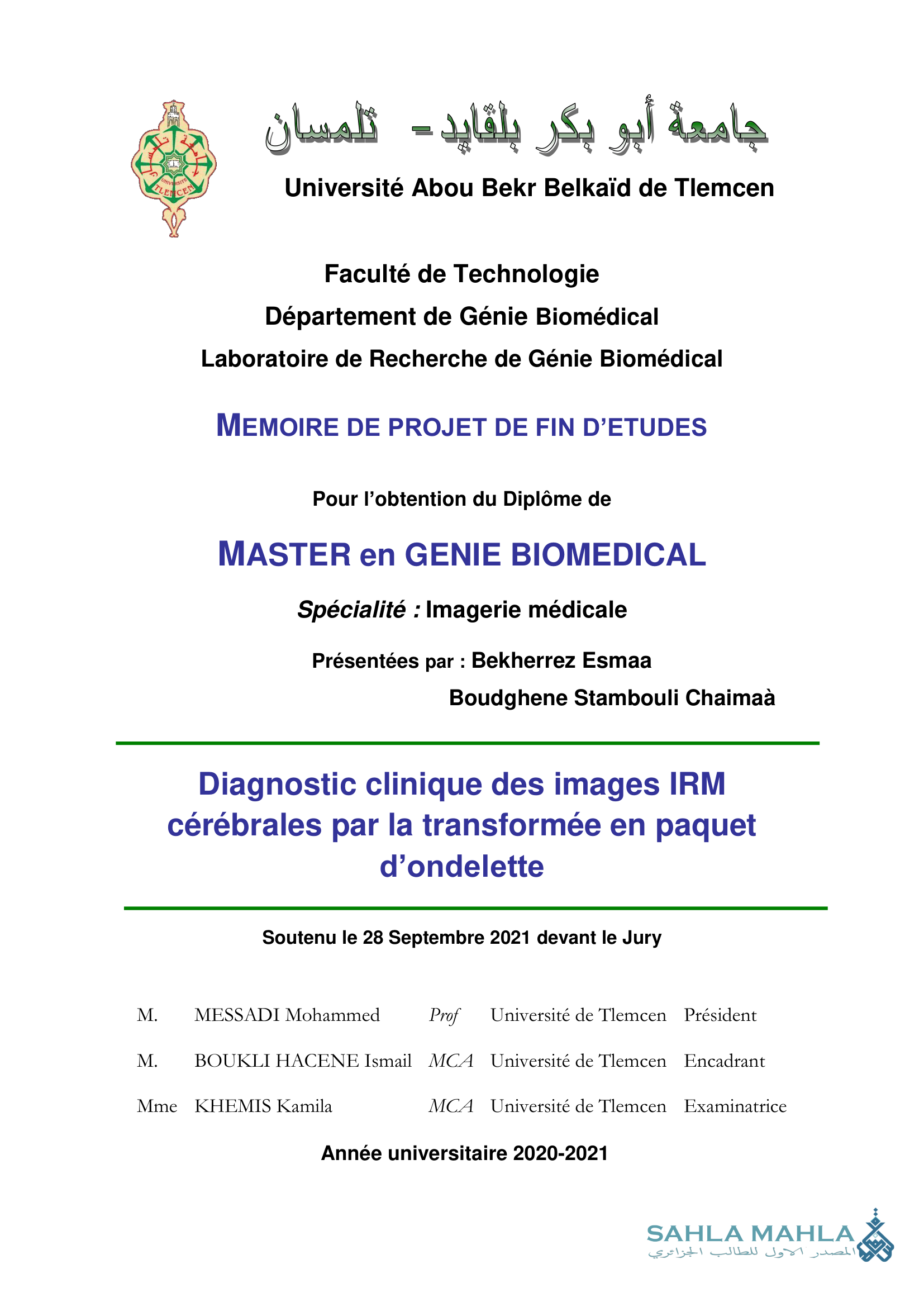Diagnostic clinique des images IRM cérébrales par la transformée en paquet d'ondelette