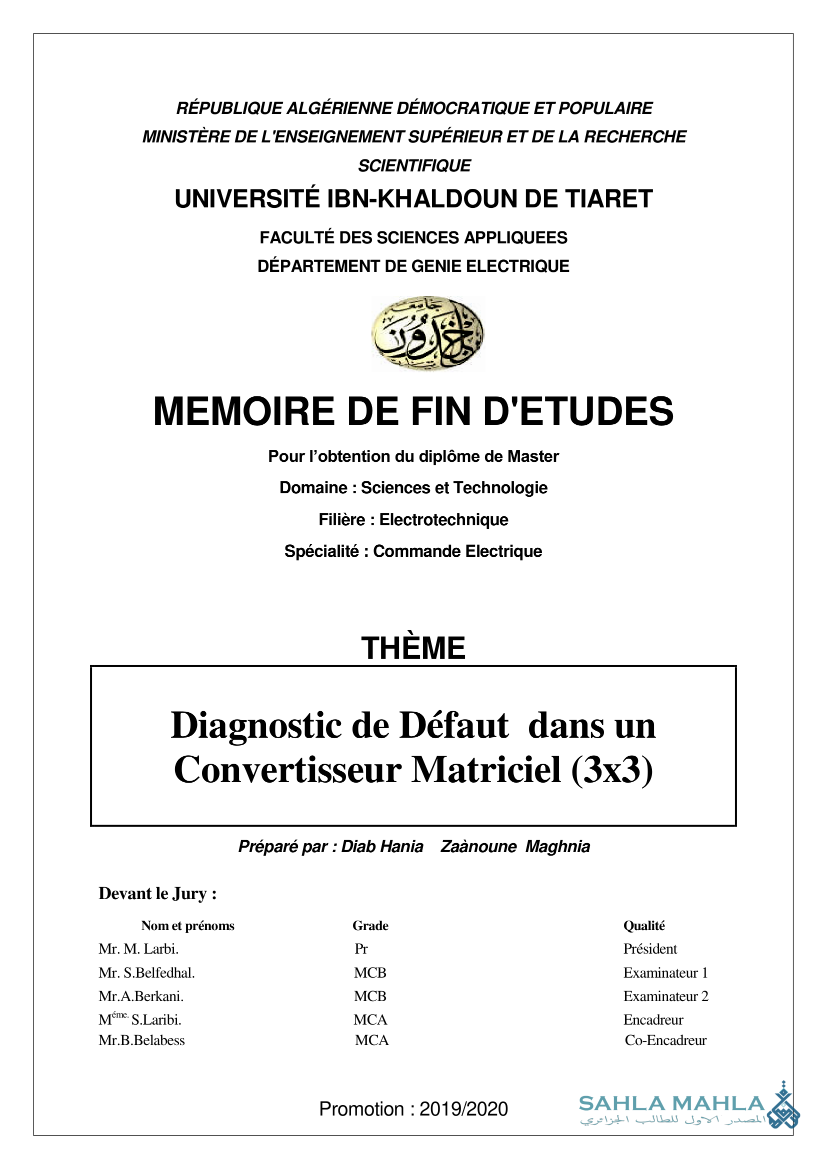 Diagnostic de Défaut dans un Convertisseur Matriciel (3x3)