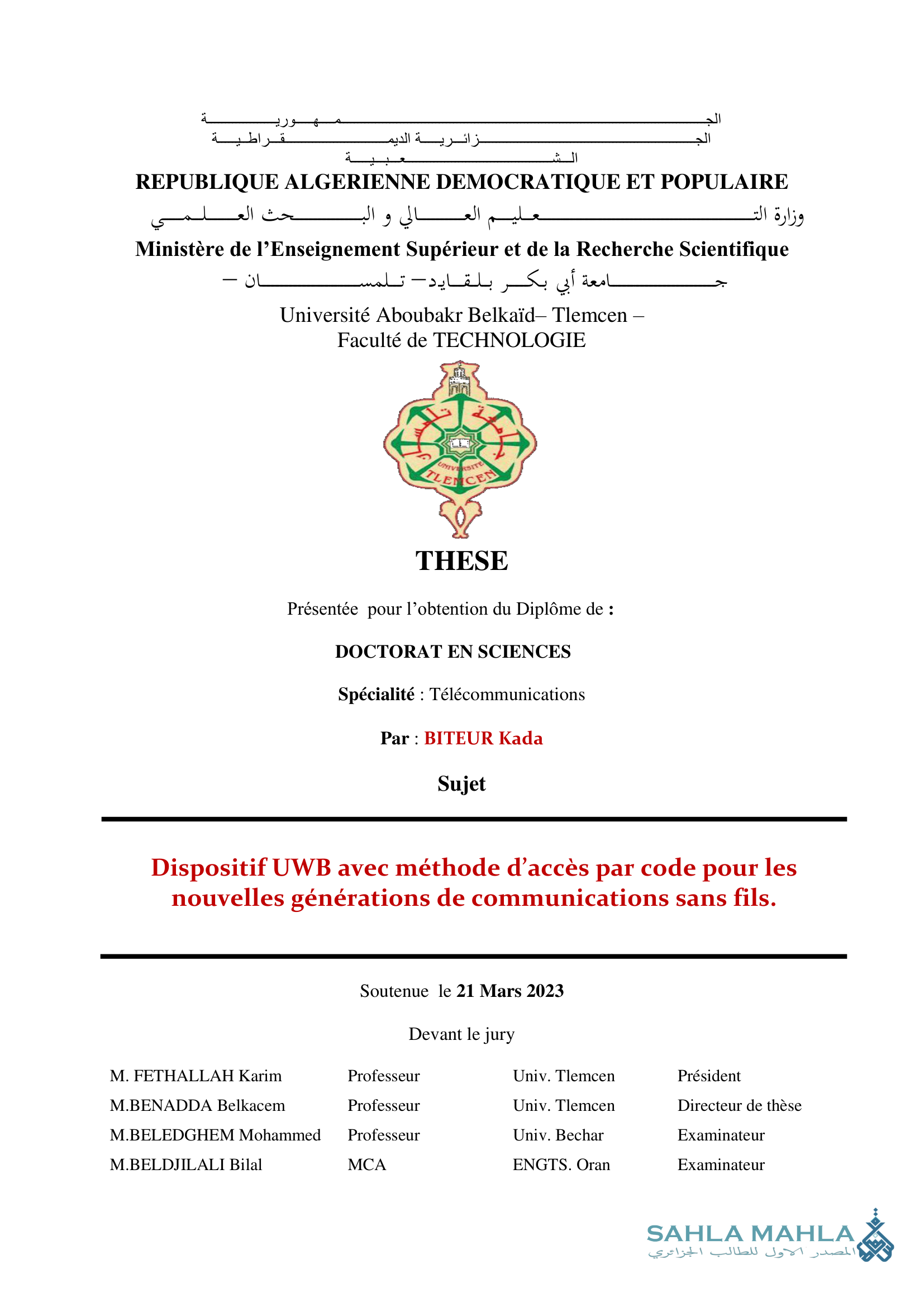 Dispositif UWB avec méthode d'accès par code pour les nouvelles générations de communications sans fils.