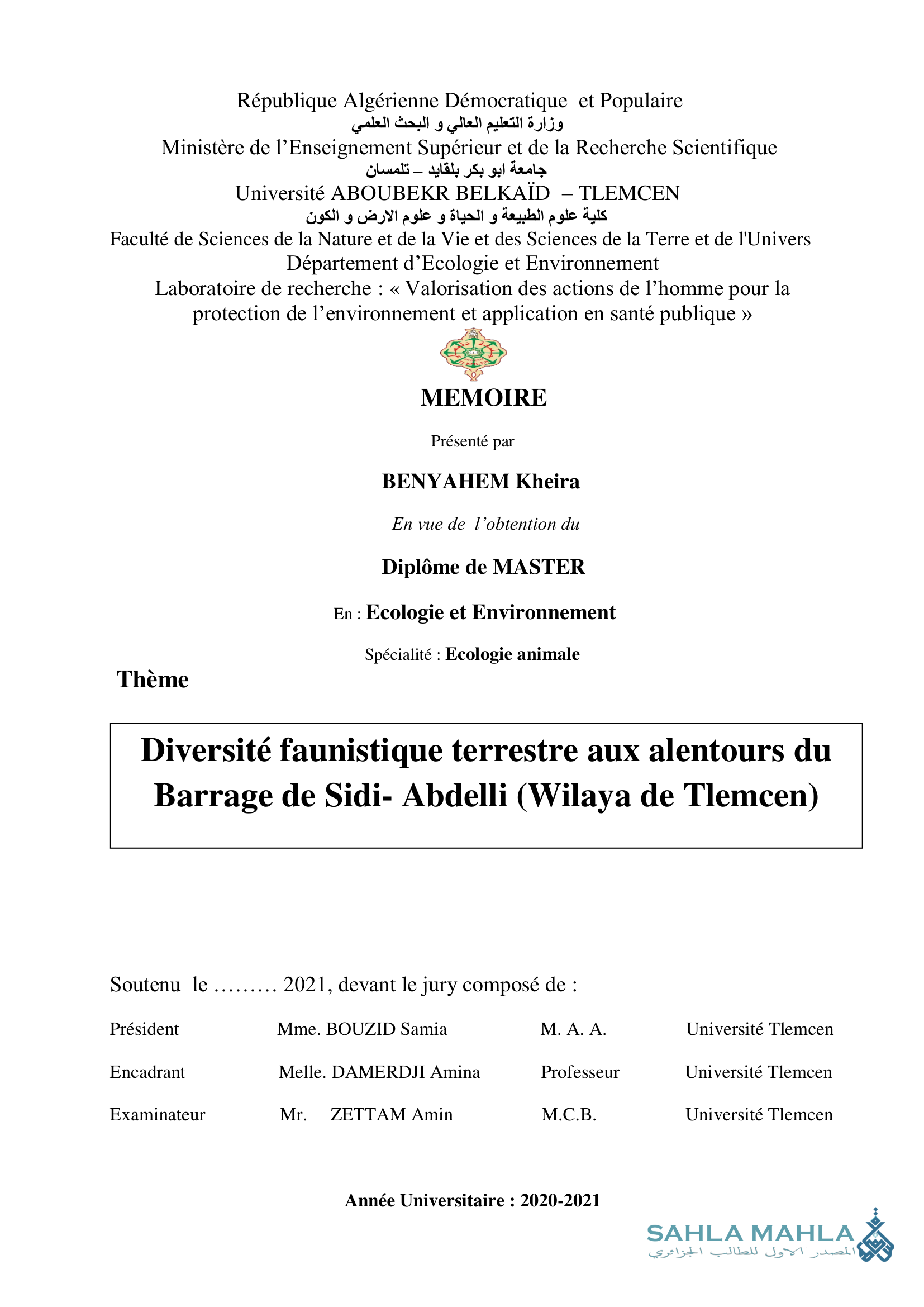 Diversité faunistique terrestre aux alentours du Barrage de Sidi- Abdelli (Wilaya de Tlemcen)