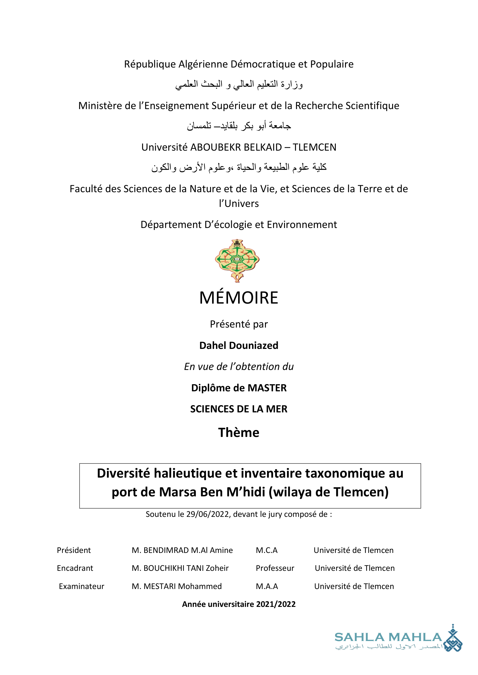 Diversité halieutique et inventaire taxonomique au port de Marsa Ben M'hidi (wilaya de Tlemcen)