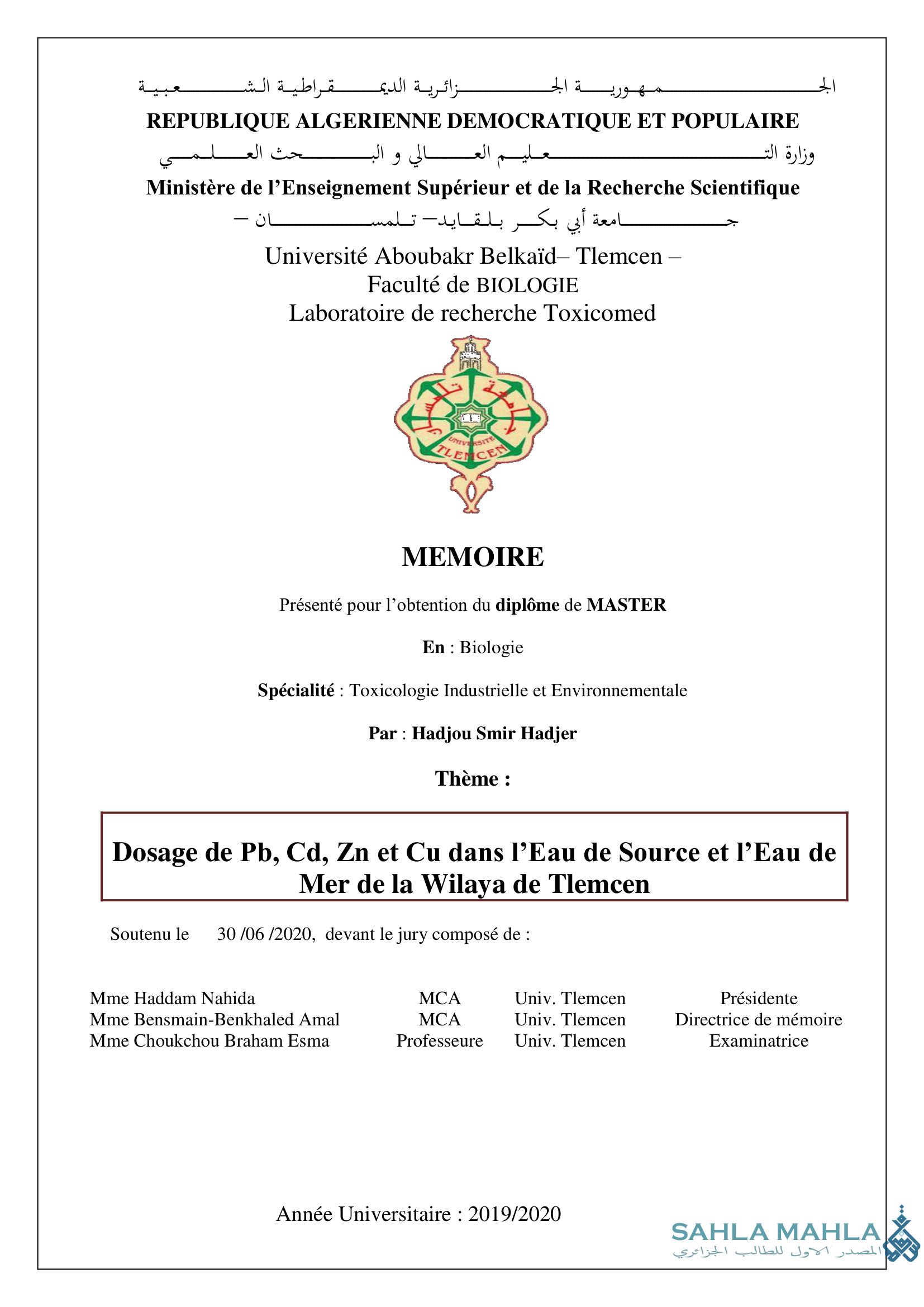 Dosage de Pb, Cd, Zn et Cu dans l'Eau de Source et l'Eau de Mer de la Wilaya de Tlemcen