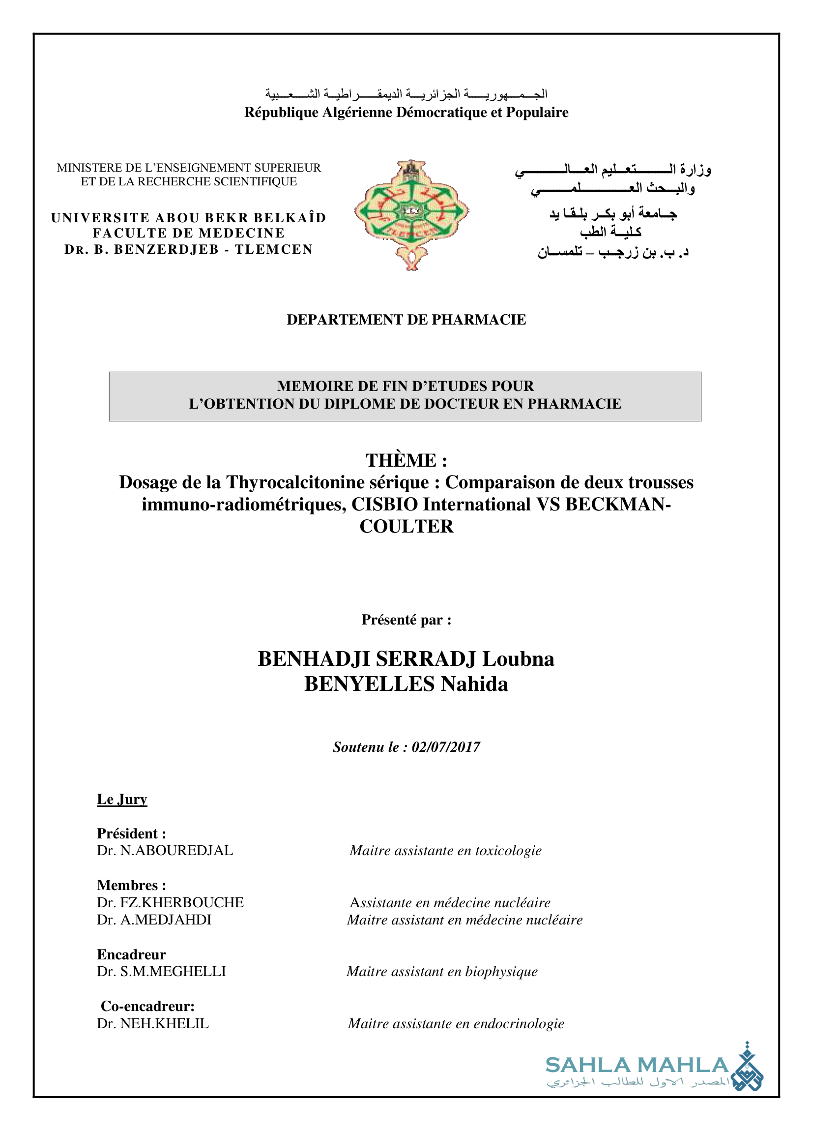 Dosage de la Thyrocalcitonine sérique : Comparaison de deux trousses immuno-radiométriques, CISBIO International VS BECKMAN-COULTER