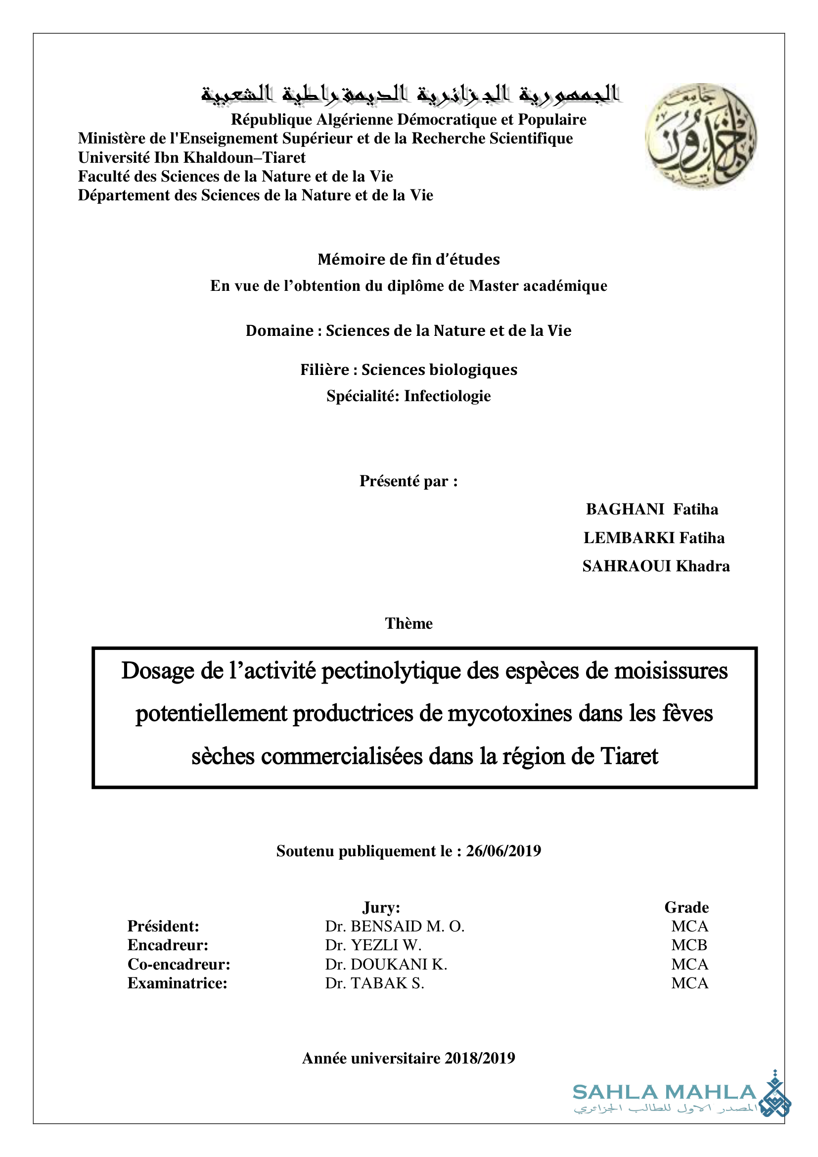 Dosage de l'activité pectinolytique des espèces de moisissures potentiellement productrices de mycotoxines dans les fèves sèches commercialisées dans la région de Tiaret