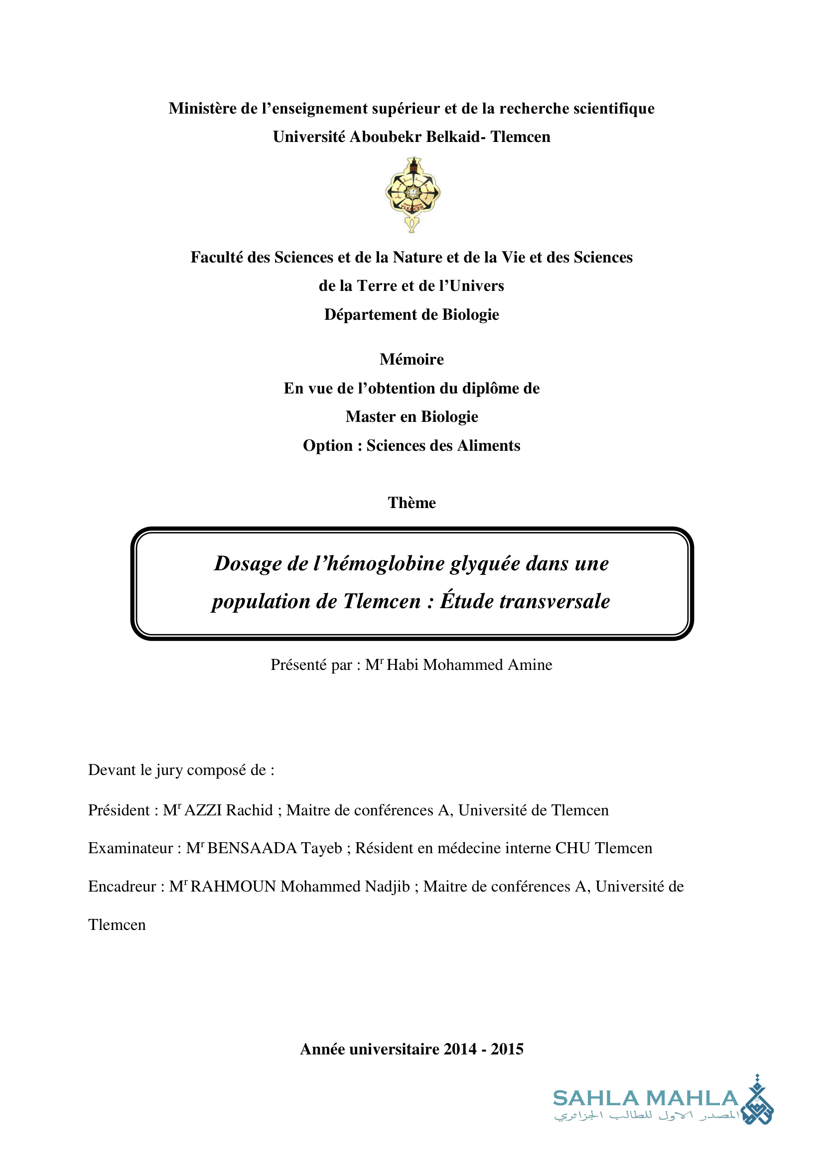 Dosage de l'hémoglobine glyquée dans une population de Tlemcen: Étude transversale