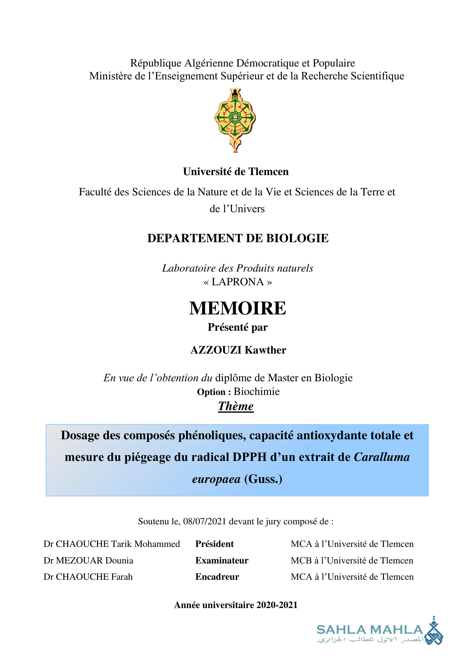 Dosage des composés phénoliques, capacité antioxydante totale et mesure du piégeage du radical DPPH d'un extrait de Caralluma europaea (Guss.)