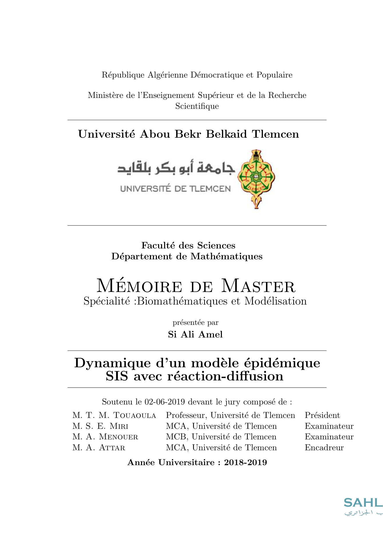 Dynamique d'un modèle épidémique SIS avec réaction-diffusion