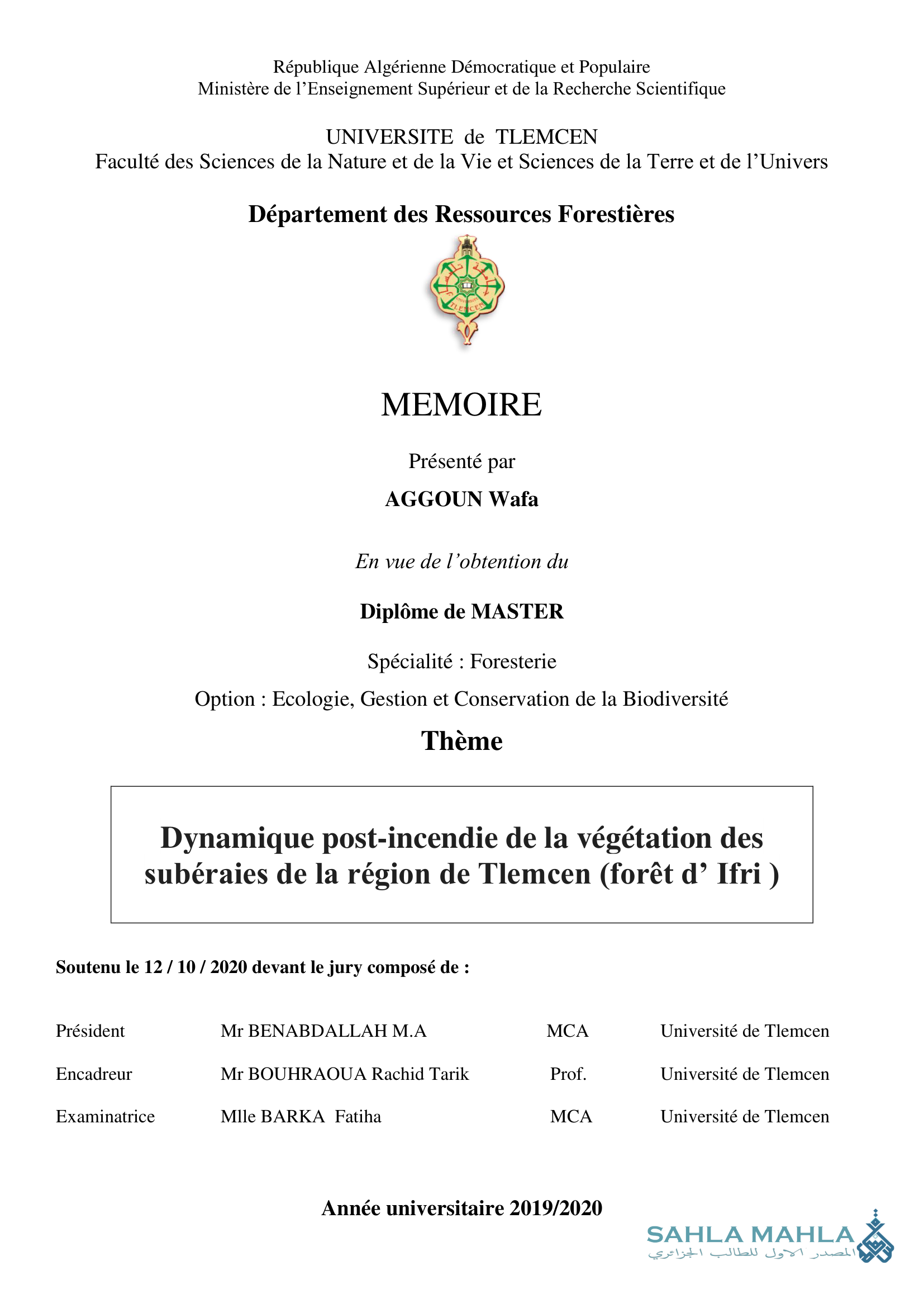 Dynamique post-incendie de la végétation des subéraies de la région de Tlemcen (forêt d' Ifri)