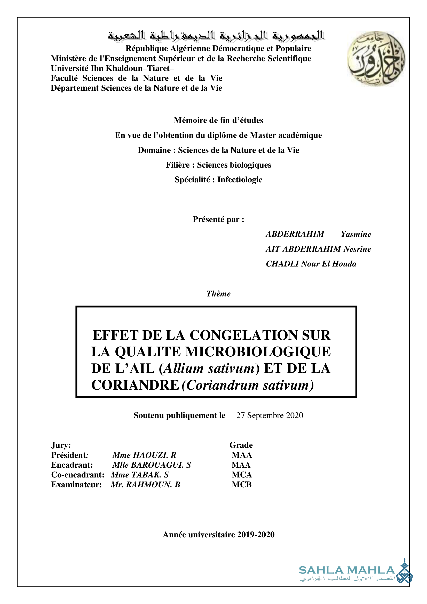 EFFET DE LA CONGELATION SUR LA QUALITE MICROBIOLOGIQUE DE L'AIL (Allium sativum) ET DE LA CORIANDRE (Coriandrum sativum)