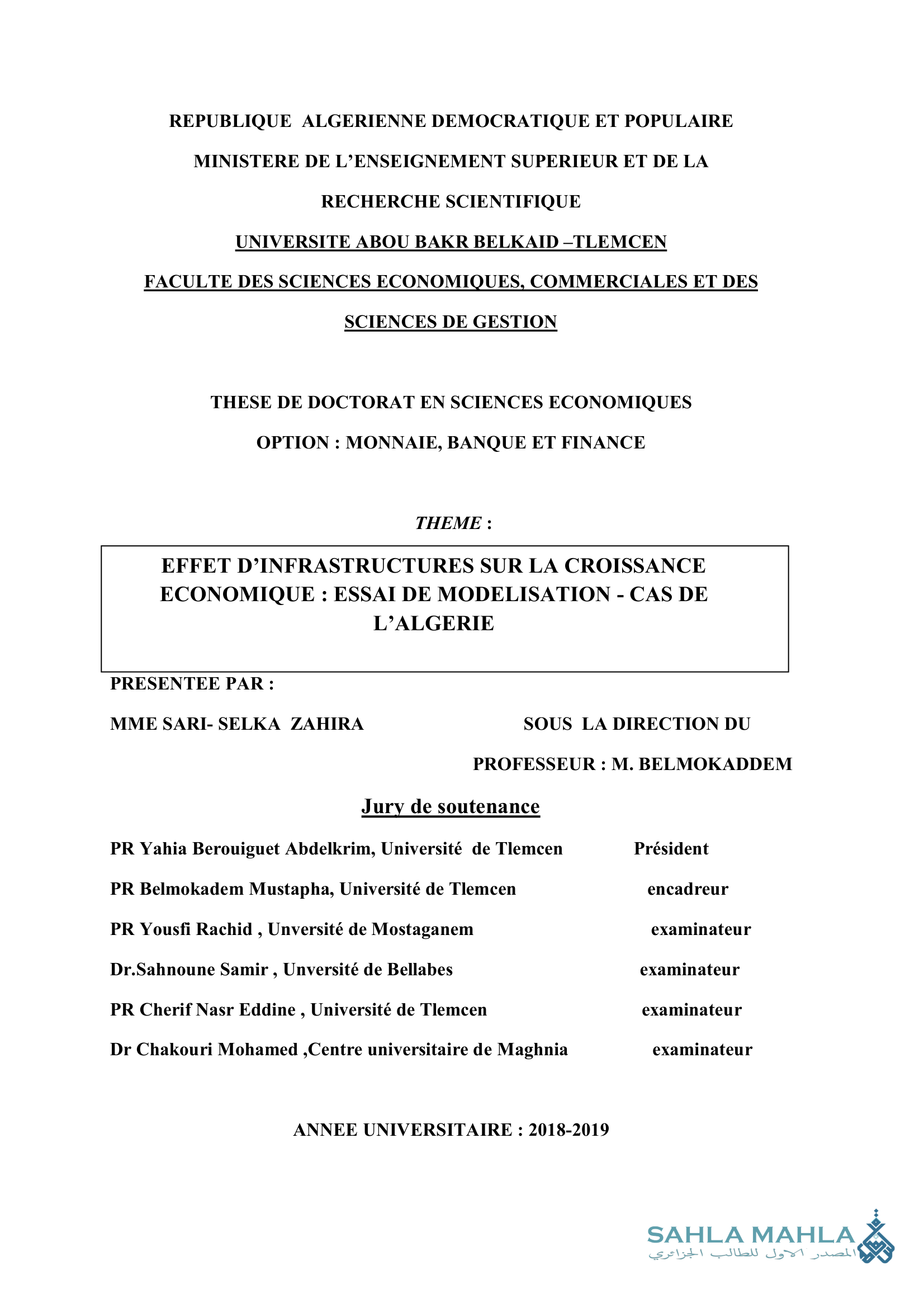 EFFET D'INFRASTRUCTURES SUR LA CROISSANCE ECONOMIQUE: ESSAI DE MODELISATION - CAS DE L'ALGERIE
