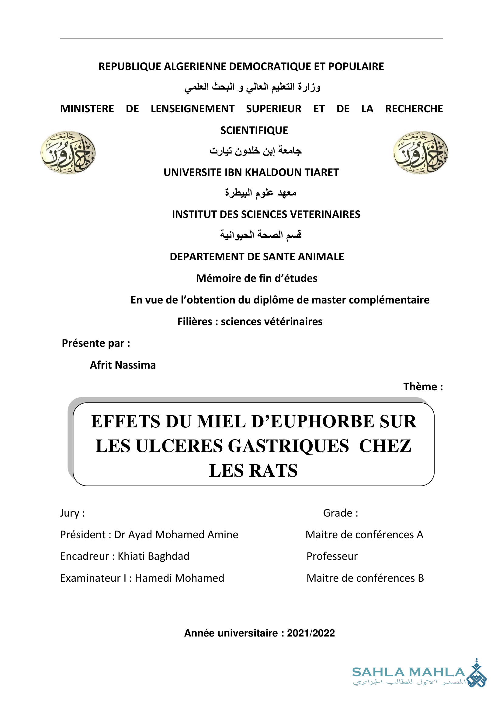 EFFETS DU MIEL D'EUPHORBE SUR LES ULCERES GASTRIQUES CHEZ LES RATS