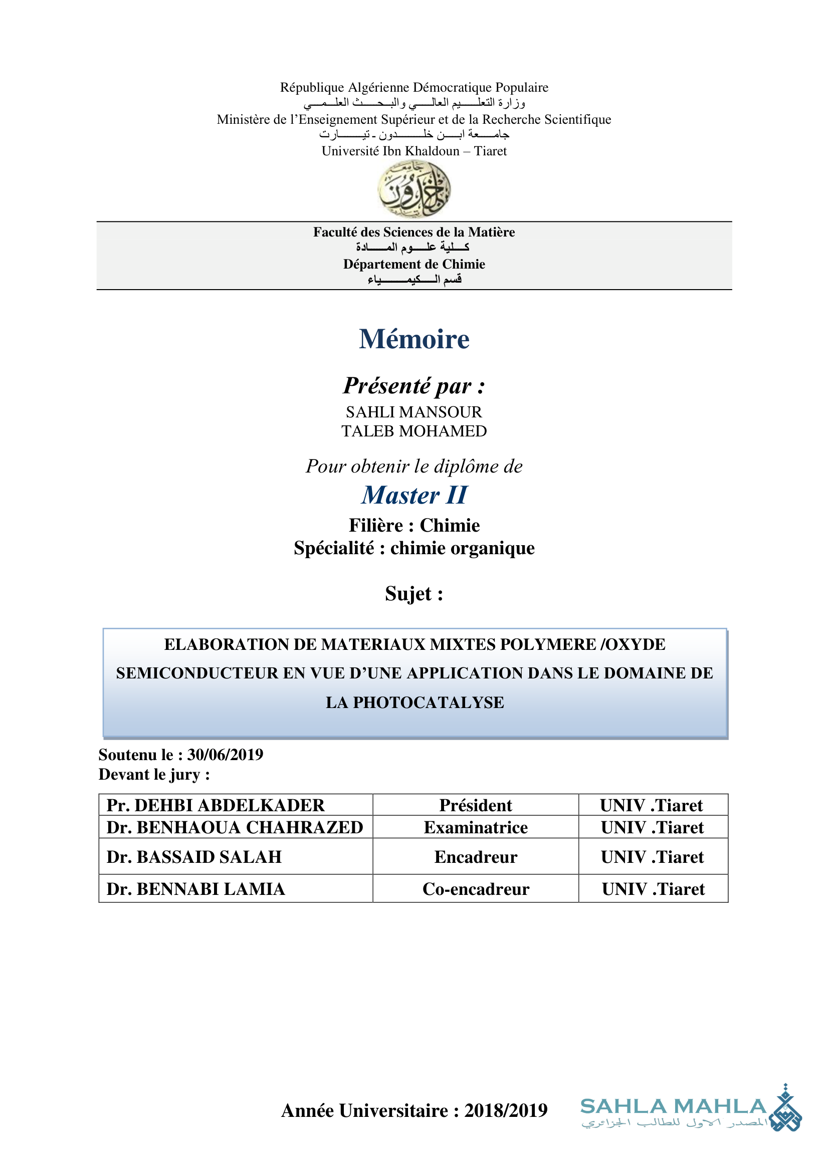 ELABORATION DE MATERIAUX MIXTES POLYMERE/OXYDE SEMICONDUCTEUR EN VUE D'UNE APPLICATION DANS LE DOMAINE DE LA PHOTOCATALYSE