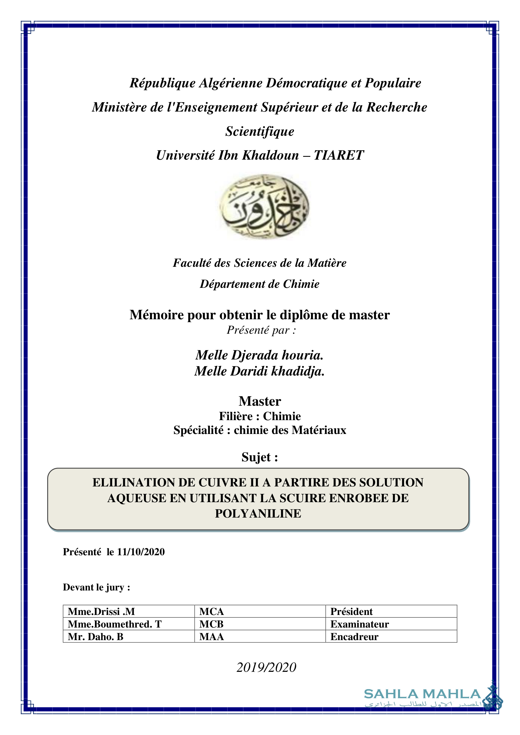 ELILINATION DE CUIVRE II A PARTIRE DES SOLUTION AQUEUSE EN UTILISANT LA SCUIRE ENROBEE DE POLYANILINE