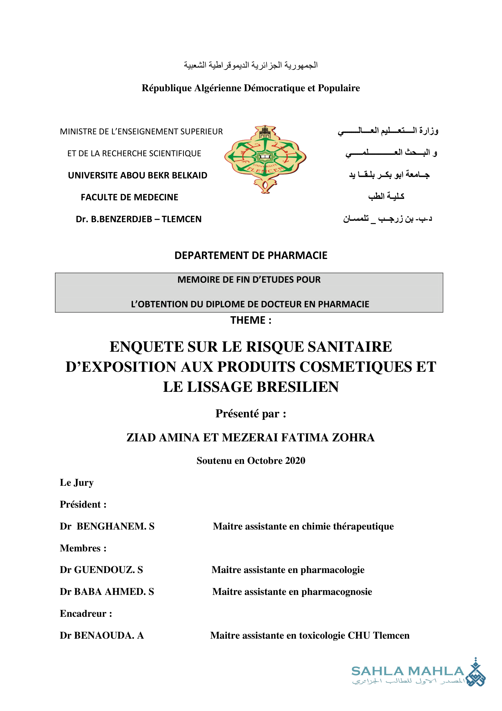 ENQUETE SUR LE RISQUE SANITAIRE D'EXPOSITION AUX PRODUITS COSMETIQUES ET LE LISSAGE BRESILIEN