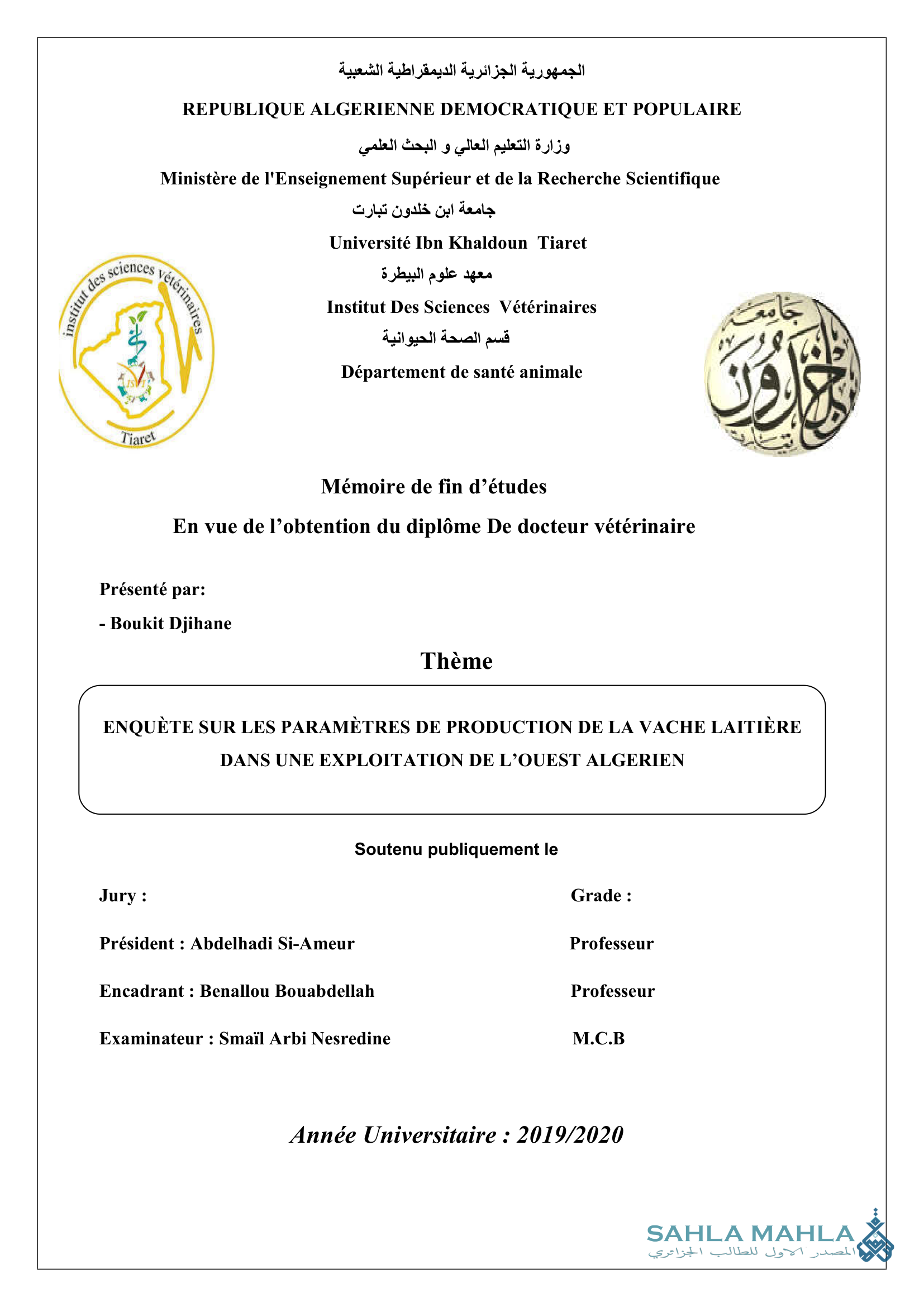 ENQUÊTE SUR LES PARAMÈTRES DE PRODUCTION DE LA VACHE LAITIÈRE DANS UNE EXPLOITATION DE L'OUEST ALGERIEN