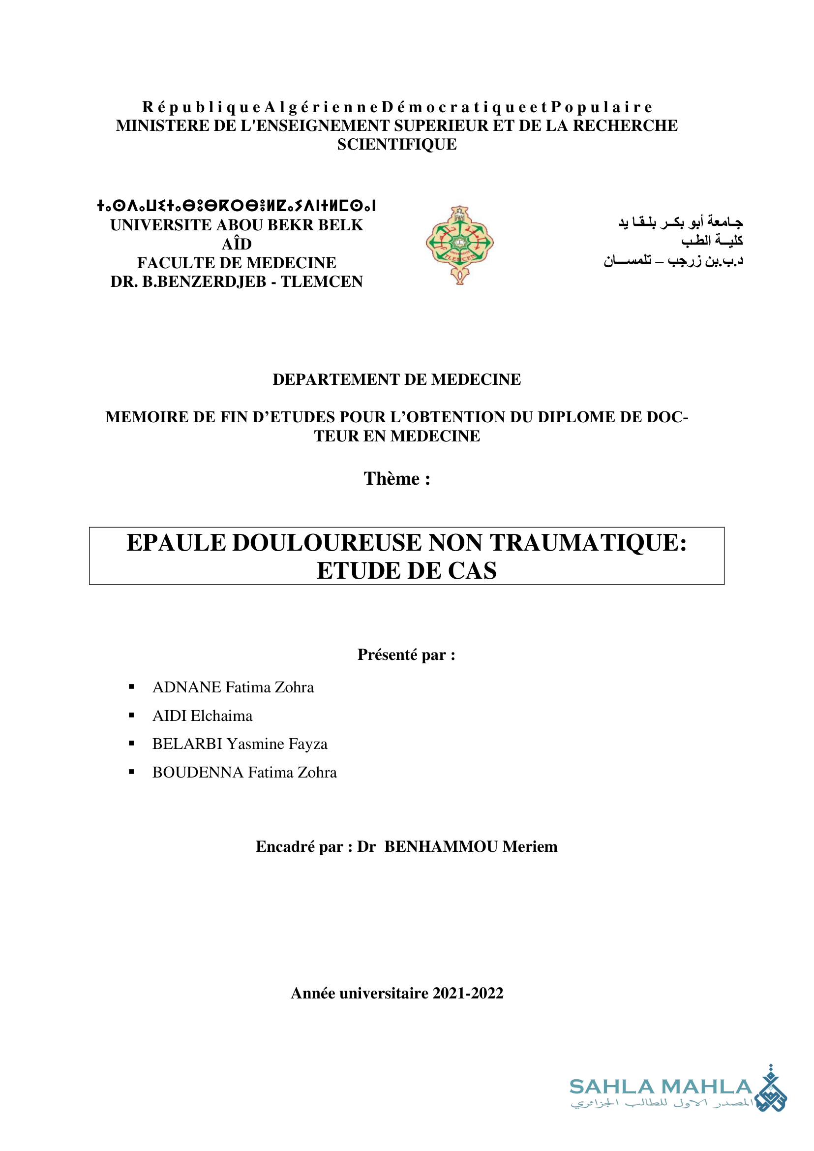 EPAULE DOULOUREUSE NON TRAUMATIQUE: ETUDE DE CAS