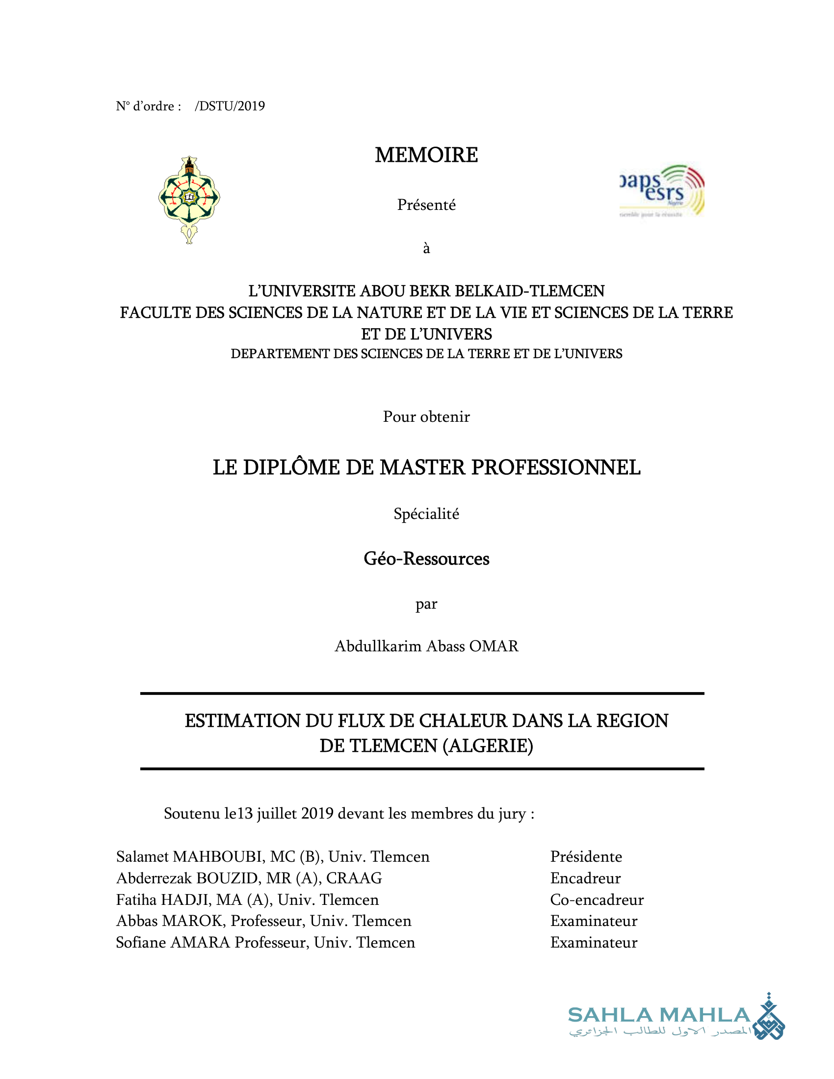 ESTIMATION DU FLUX DE CHALEUR DANS LA REGION DE TLEMCEN (ALGERIE)