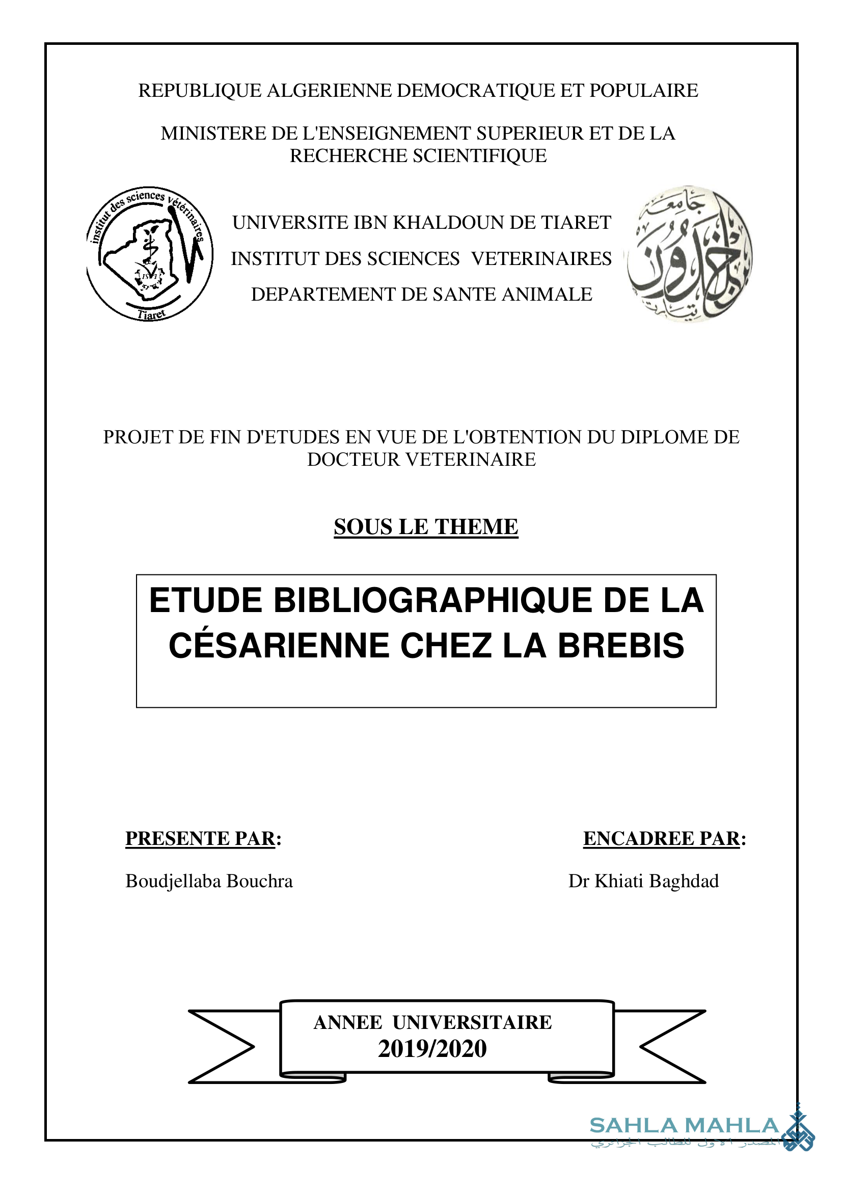 ETUDE BIBLIOGRAPHIQUE DE LA CÉSARIENNE CHEZ LA BREBIS