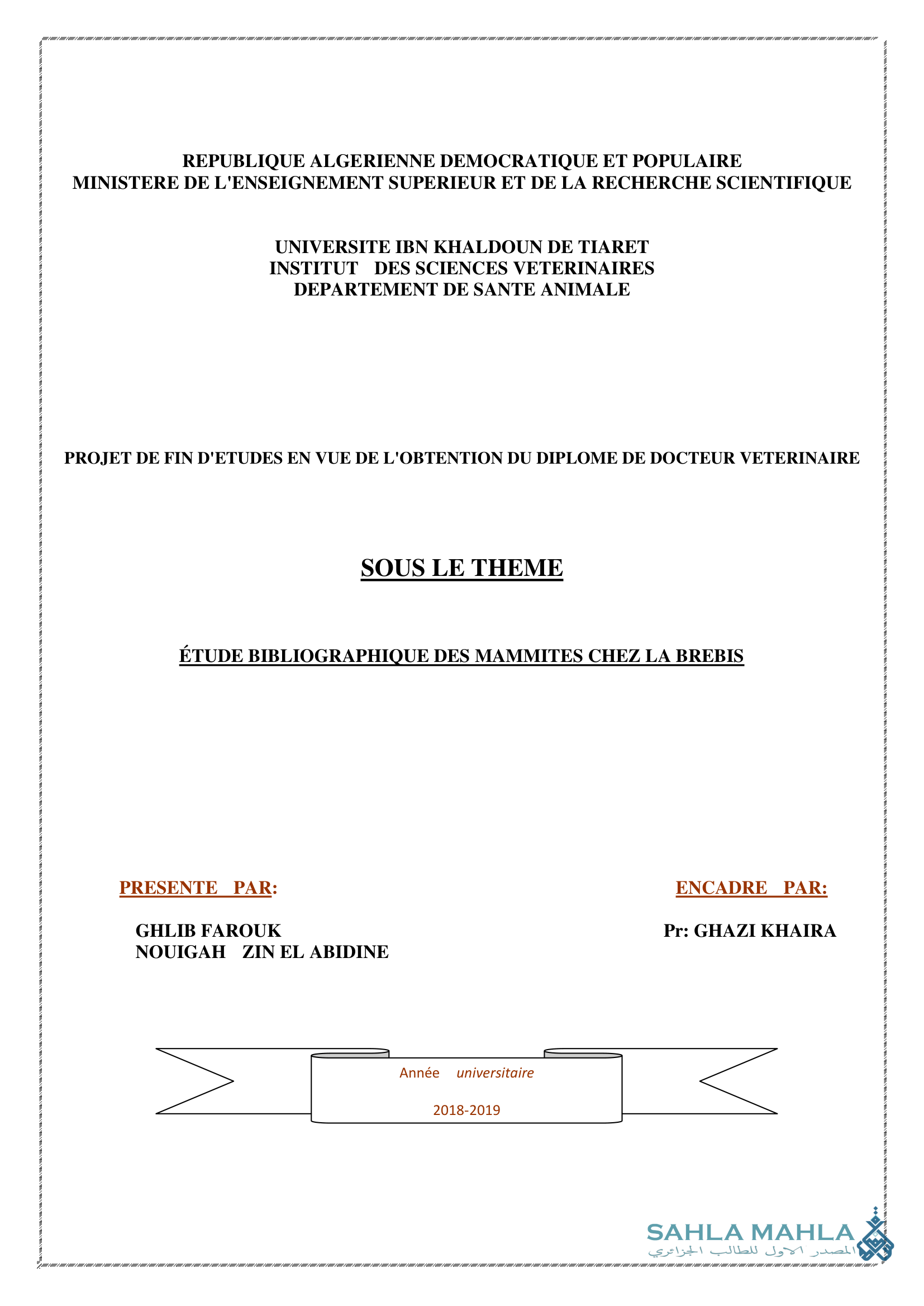 ÉTUDE BIBLIOGRAPHIQUE DES MAMMITES CHEZ LA BREBIS