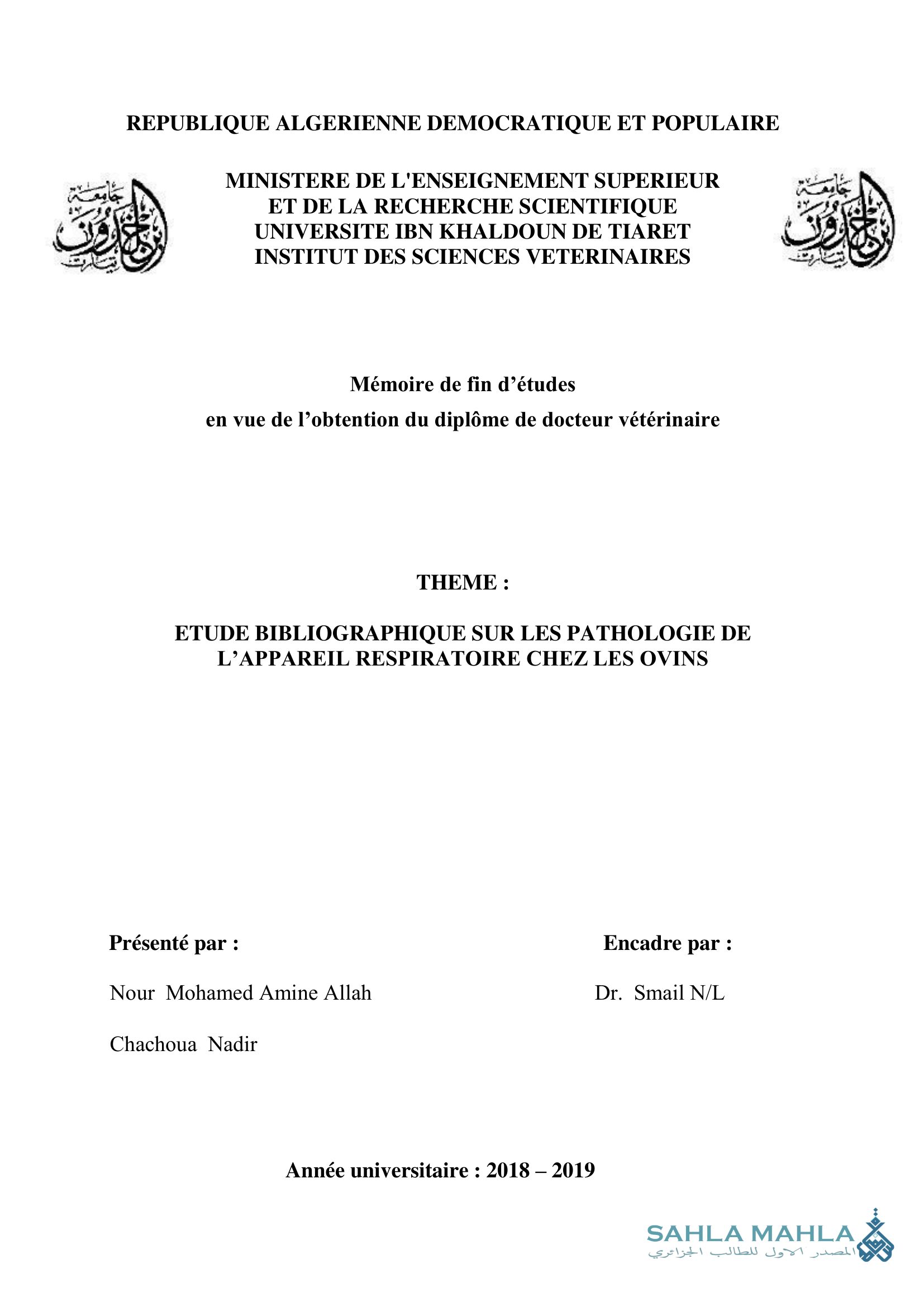 ETUDE BIBLIOGRAPHIQUE SUR LES PATHOLOGIE DE L'APPAREIL RESPIRATOIRE CHEZ LES OVINS