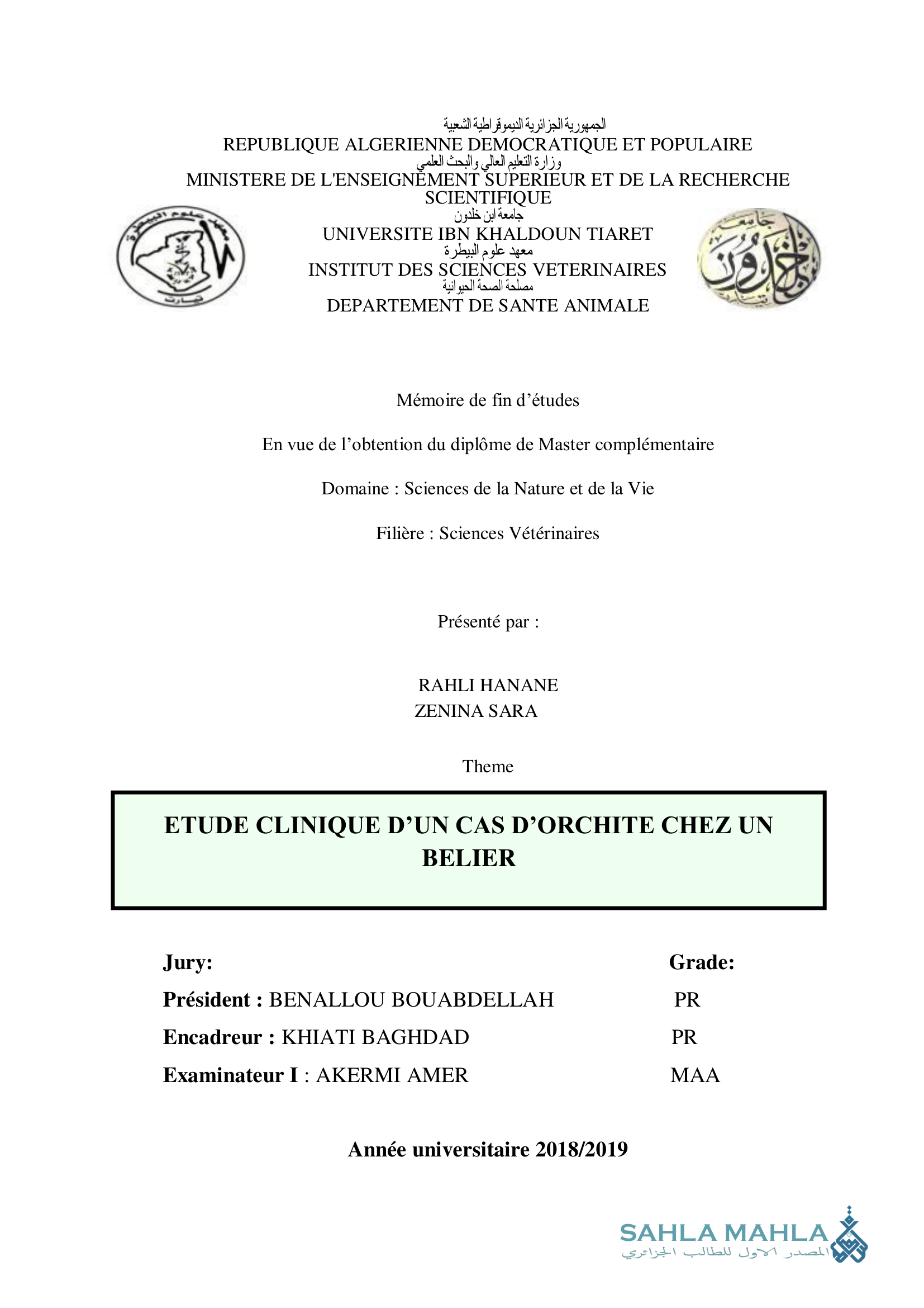 ETUDE CLINIQUE D'UN CAS D'ORCHITE CHEZ UN BELIER