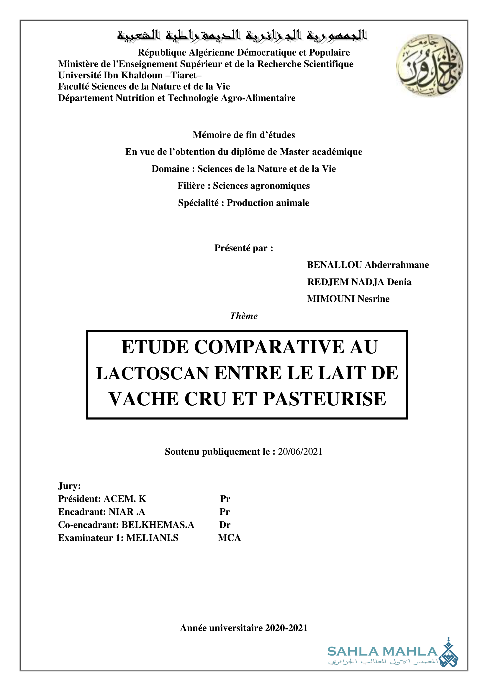 ETUDE COMPARATIVE AU LACTOSCAN ENTRE LE LAIT DE VACHE CRU ET PASTEURISE