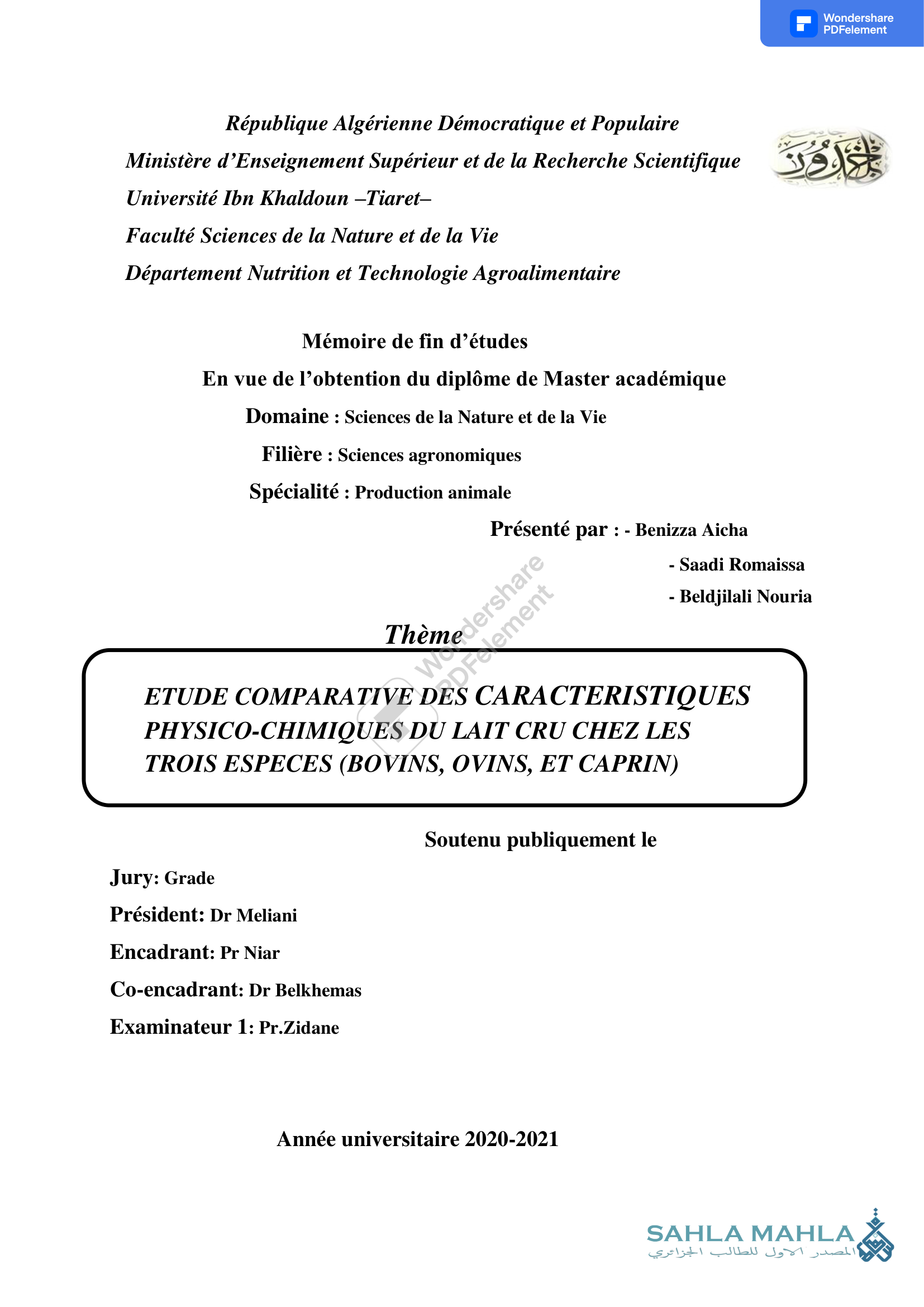 ETUDE COMPARATIVE DES CARACTERISTIQUES PHYSICO-CHIMIQUES DU LAIT CRU CHEZ LES TROIS ESPECES (BOVINS, OVINS, ET CAPRIN)