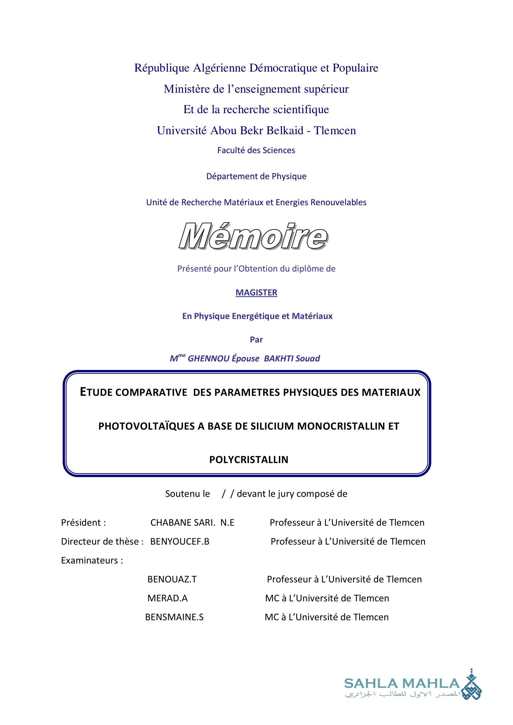 ETUDE COMPARATIVE DES PARAMETRES PHYSIQUES DES MATERIAUX PHOTOVOLTAÏQUES A BASE DE SILICIUM MONOCRISTALLIN ET POLYCRISTALLIN