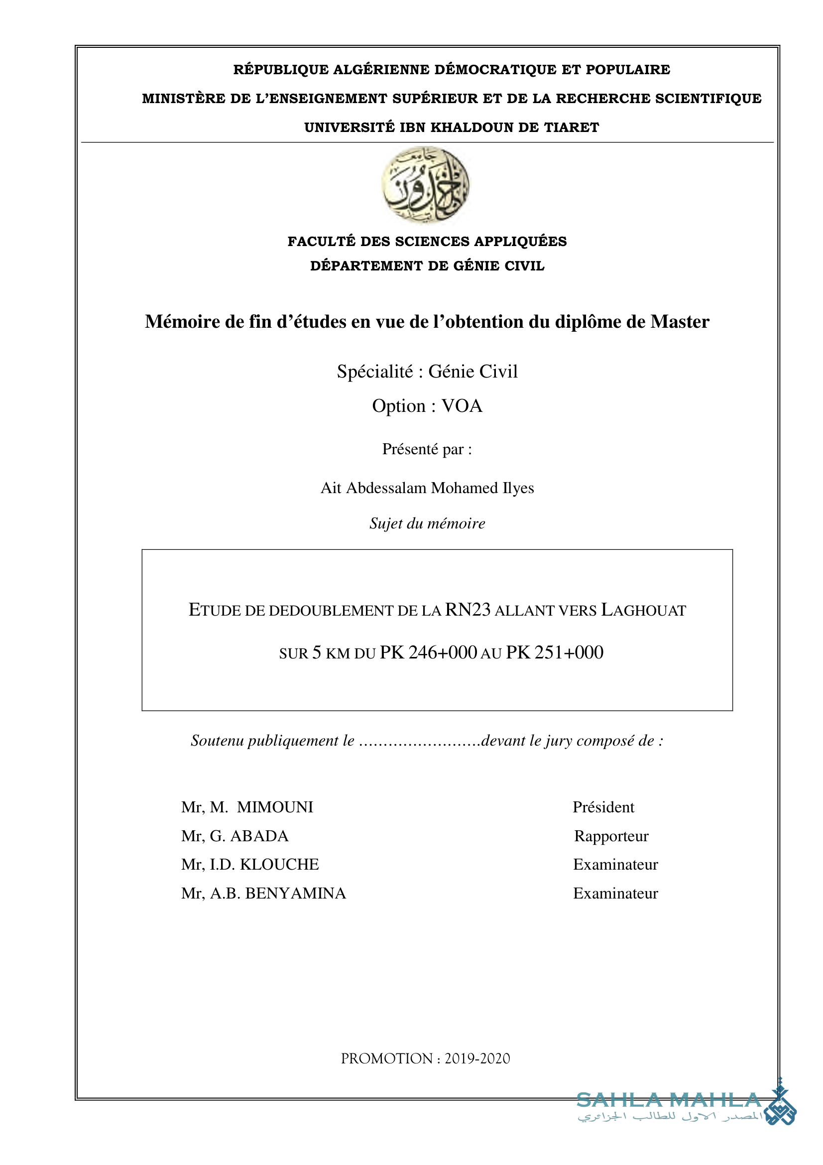 ETUDE DE DEDOUBLEMENT DE LA RN23 ALLANT VERS LAGHOUAT SUR 5 KM DU PK 246+000 AU PK 251+000