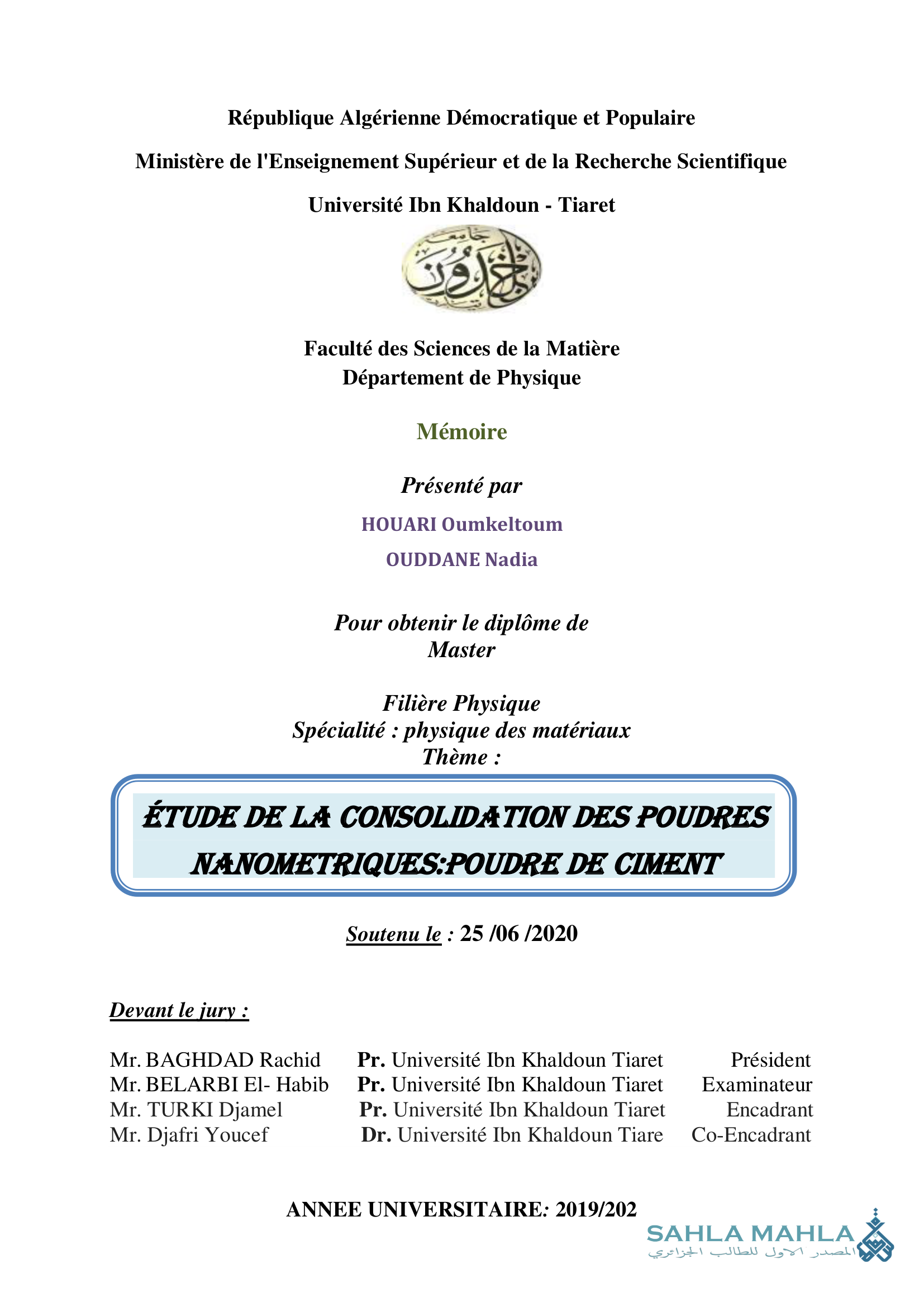 ÉTUDE DE LA CONSOLIDATION DES POUDRES NANOMETRIQUES:POUDRE DE CIMENT