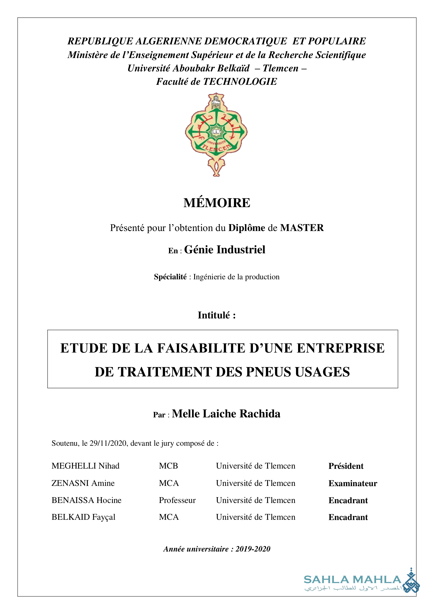 ETUDE DE LA FAISABILITE D'UNE ENTREPRISE DE TRAITEMENT DES PNEUS USAGES