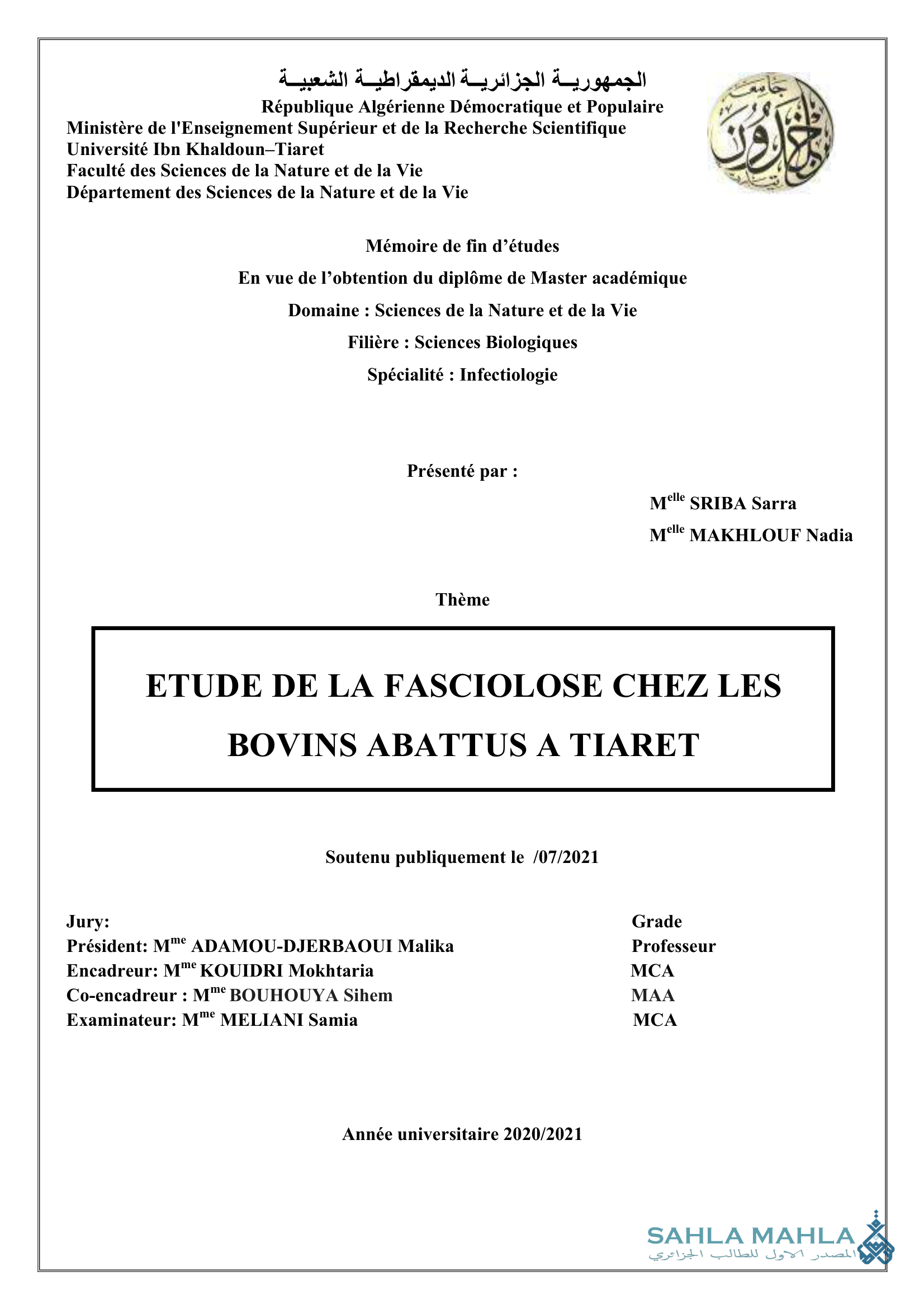 ETUDE DE LA FASCIOLOSE CHEZ LES BOVINS ABATTUS A TIARET