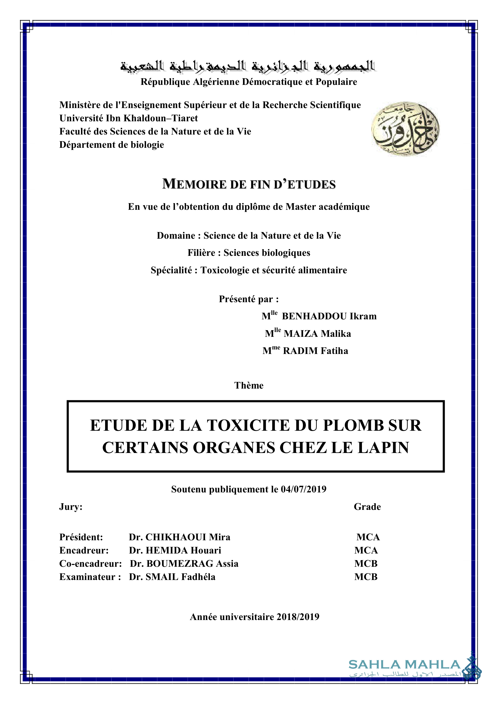 ETUDE DE LA TOXICITE DU PLOMB SUR CERTAINS ORGANES CHEZ LE LAPIN