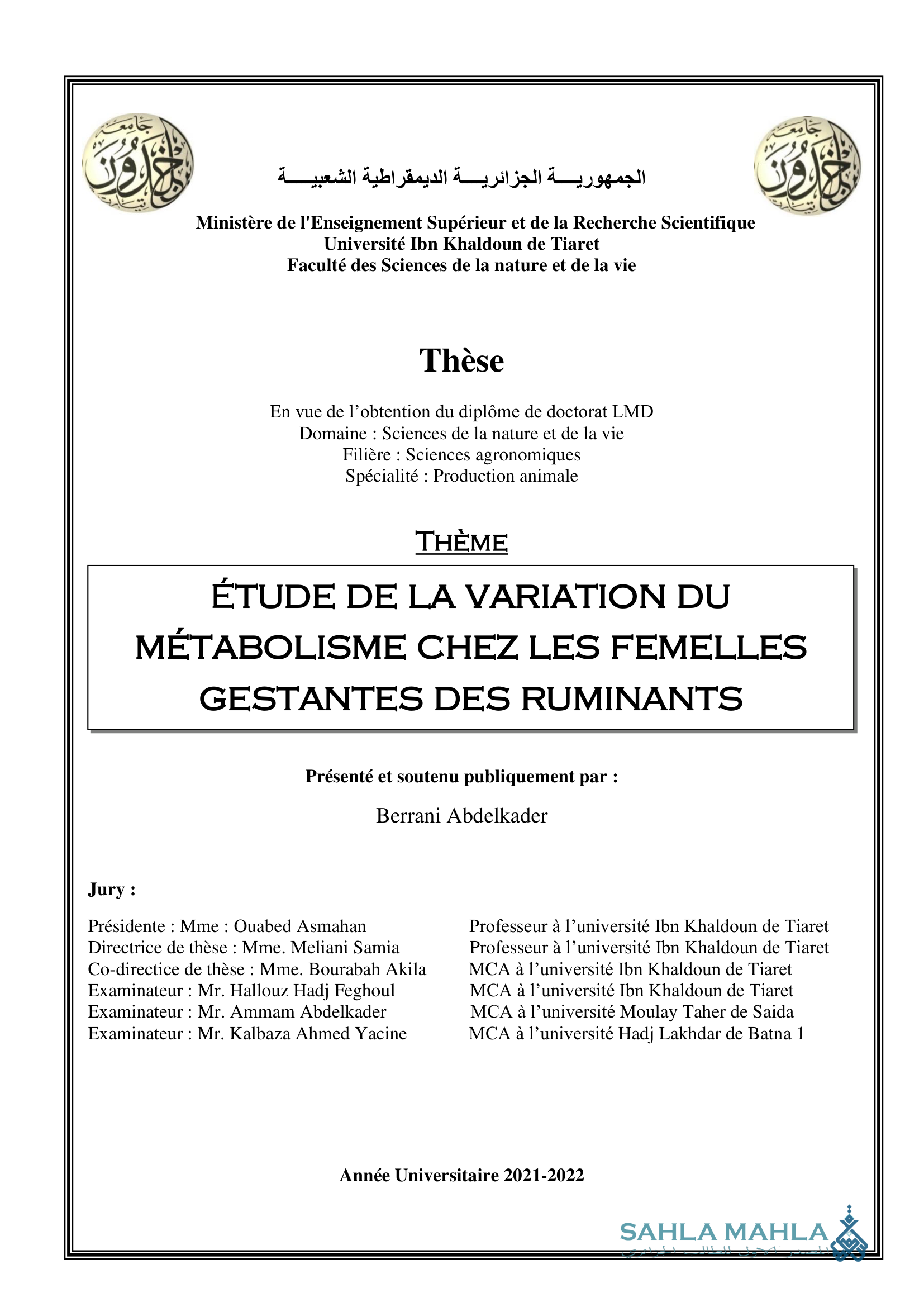 ÉTUDE DE LA VARIATION DU MÉTABOLISME CHEZ LES FEMELLES GESTANTES DES RUMINANTS
