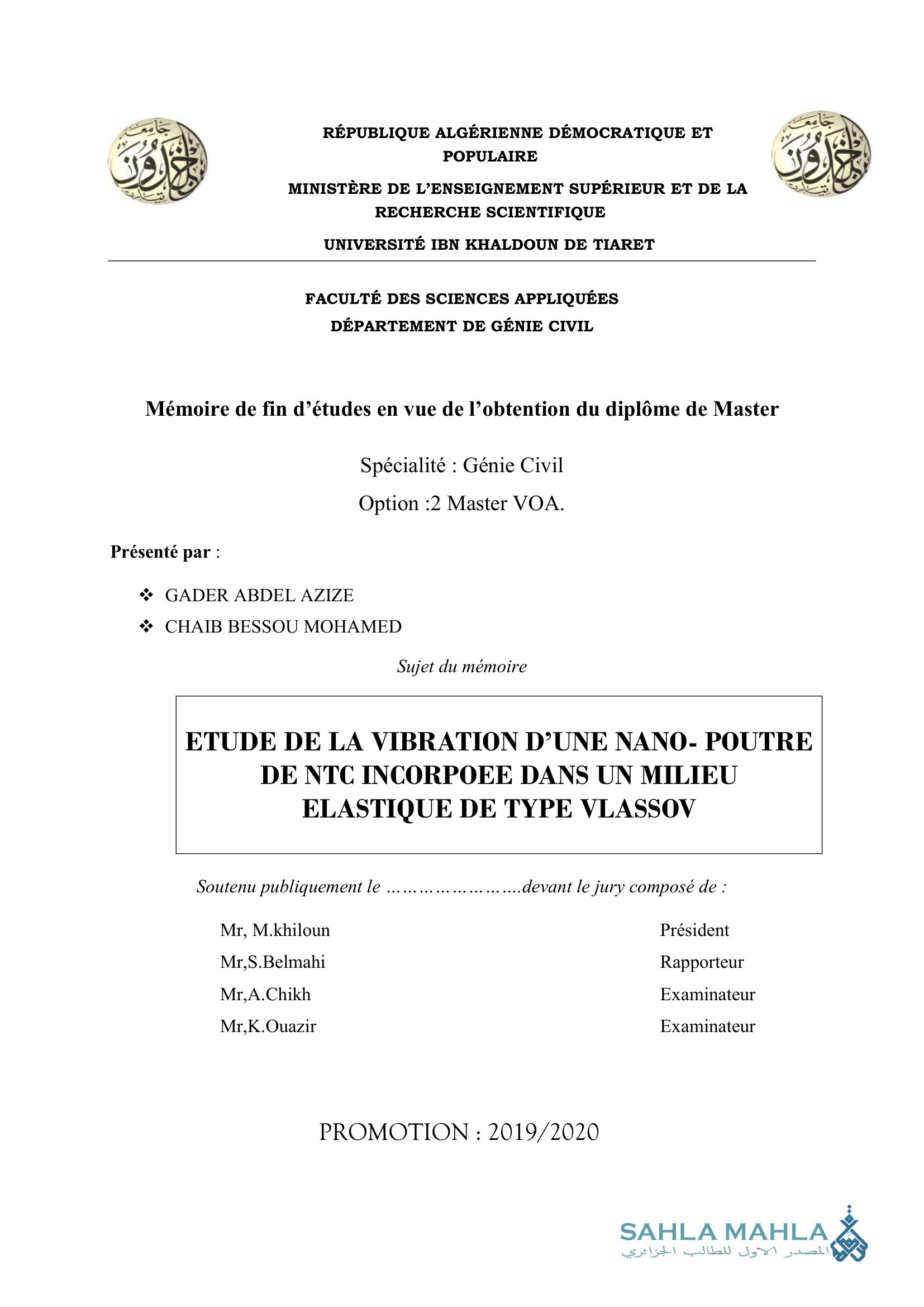ETUDE DE LA VIBRATION D'UNE NANO- POUTRE DE NTC INCORPOREE DANS UN MILIEU ELASTIQUE DE TYPE VLASSOV