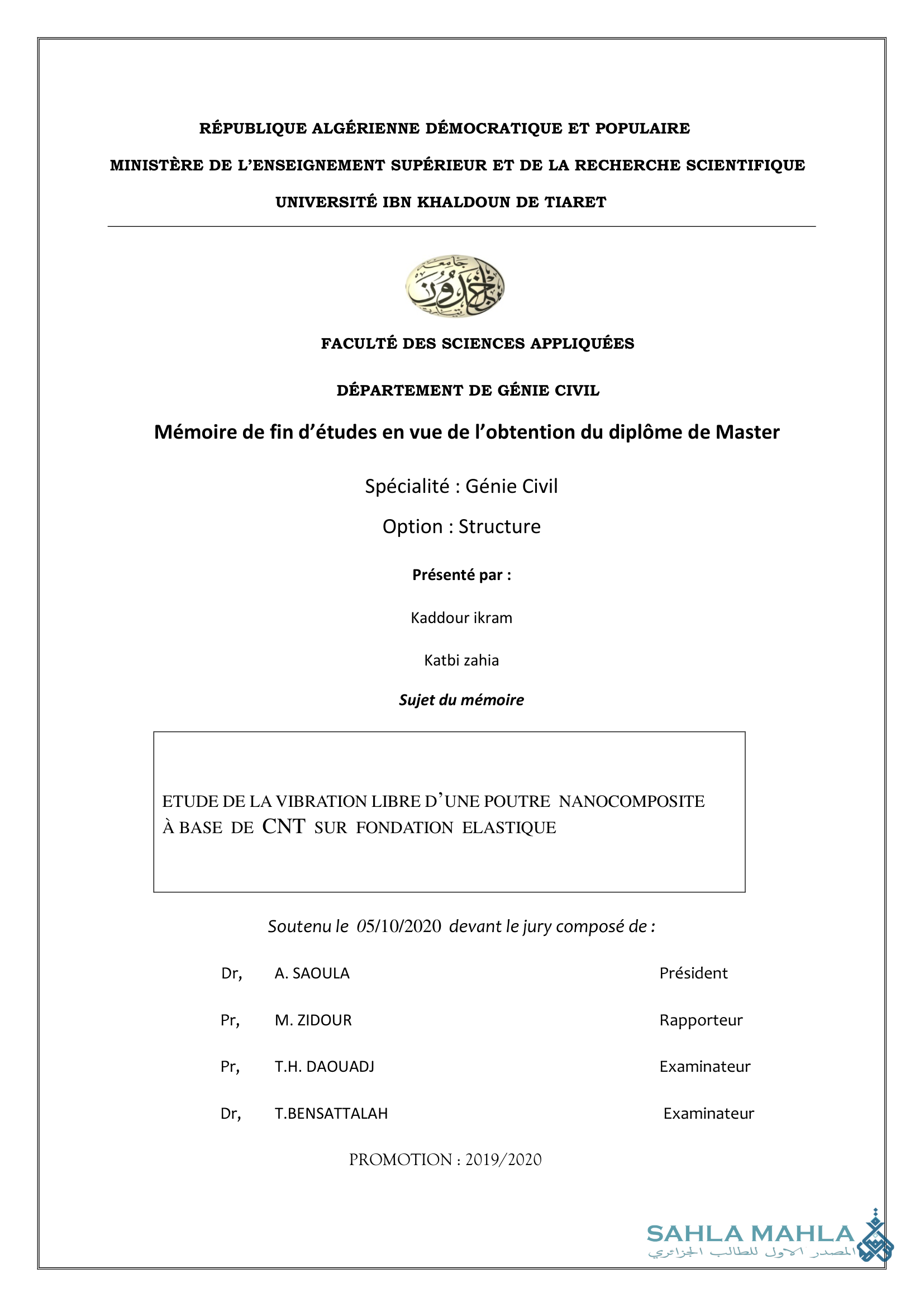 ETUDE DE LA VIBRATION LIBRE D'UNE POUTRE NANOCOMPOSITE BASE DE CNT SUR FONDATION ELASTIQUE