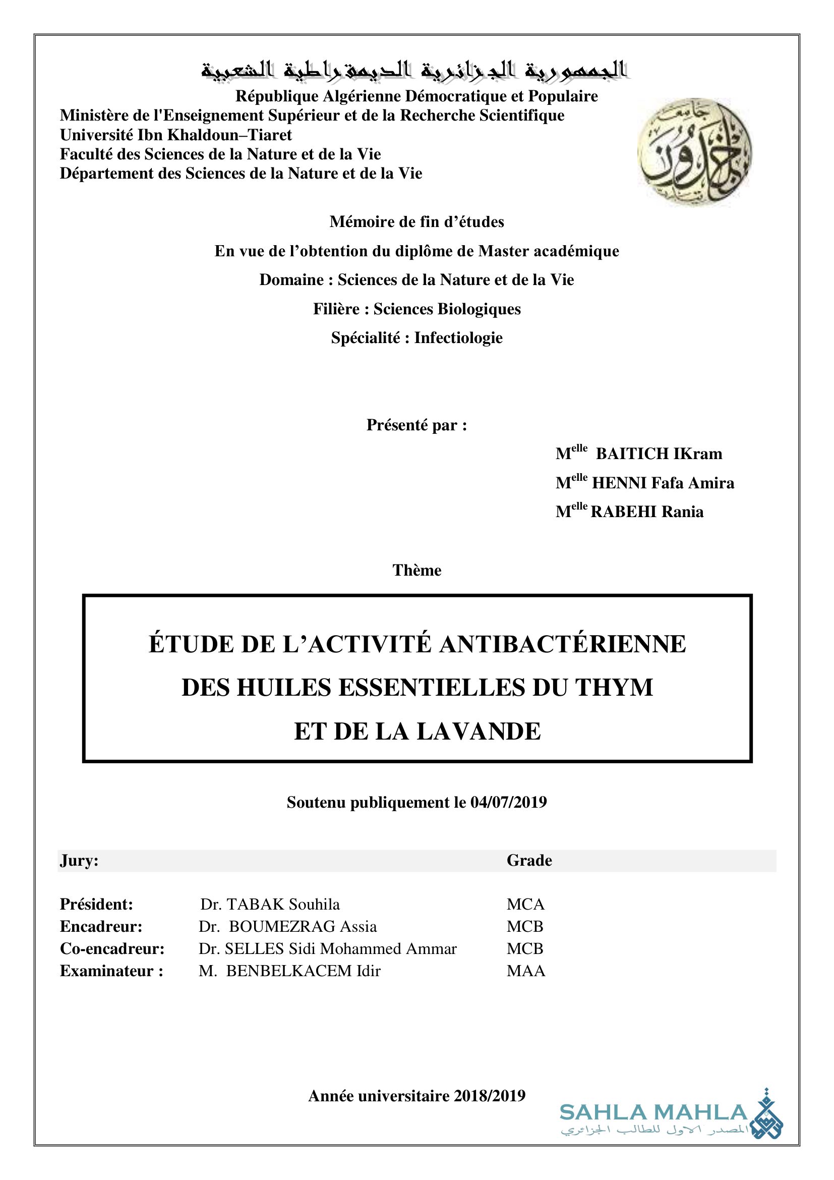 ÉTUDE DE L'ACTIVITÉ ANTIBACTÉRIENNE DES HUILES ESSENTIELLES DU THYM ET DE LA LAVANDE