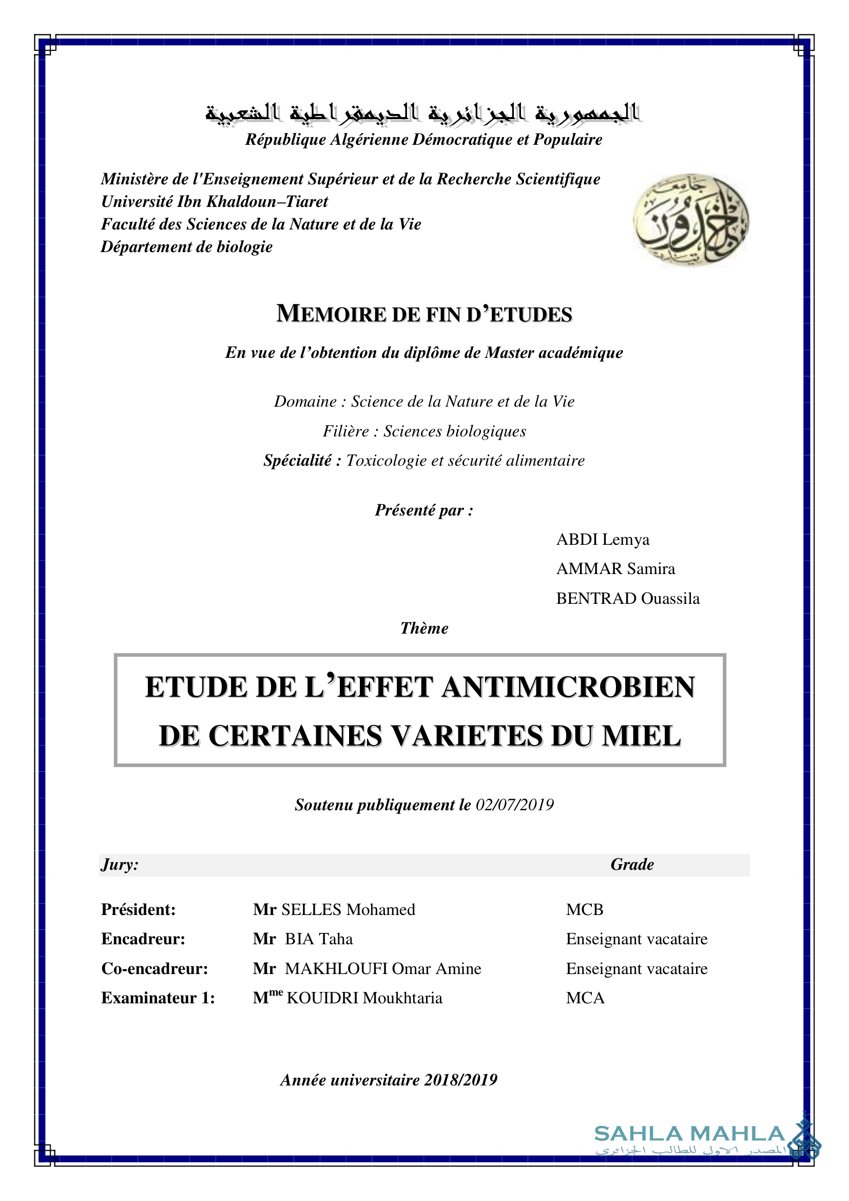 ETUDE DE L'EFFET ANTIMICROBIEN DE CERTAINES VARIETES DU MIEL