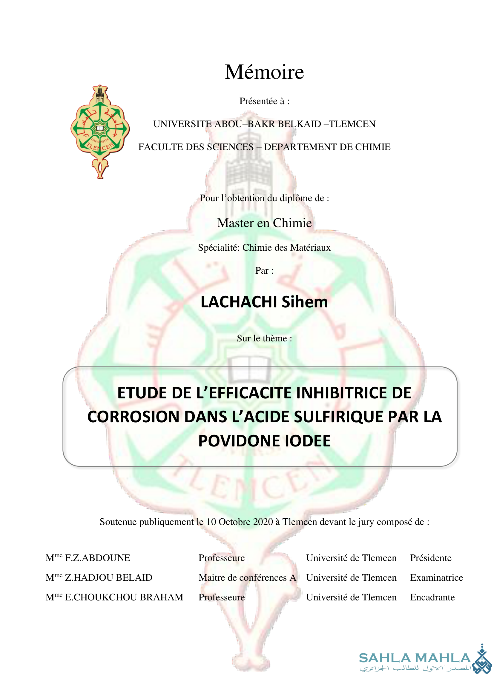 ETUDE DE L'EFFICACITE INHIBITRICE DE CORROSION DANS L'ACIDE SULFIRIQUE PAR LA POVIDONE IODEE