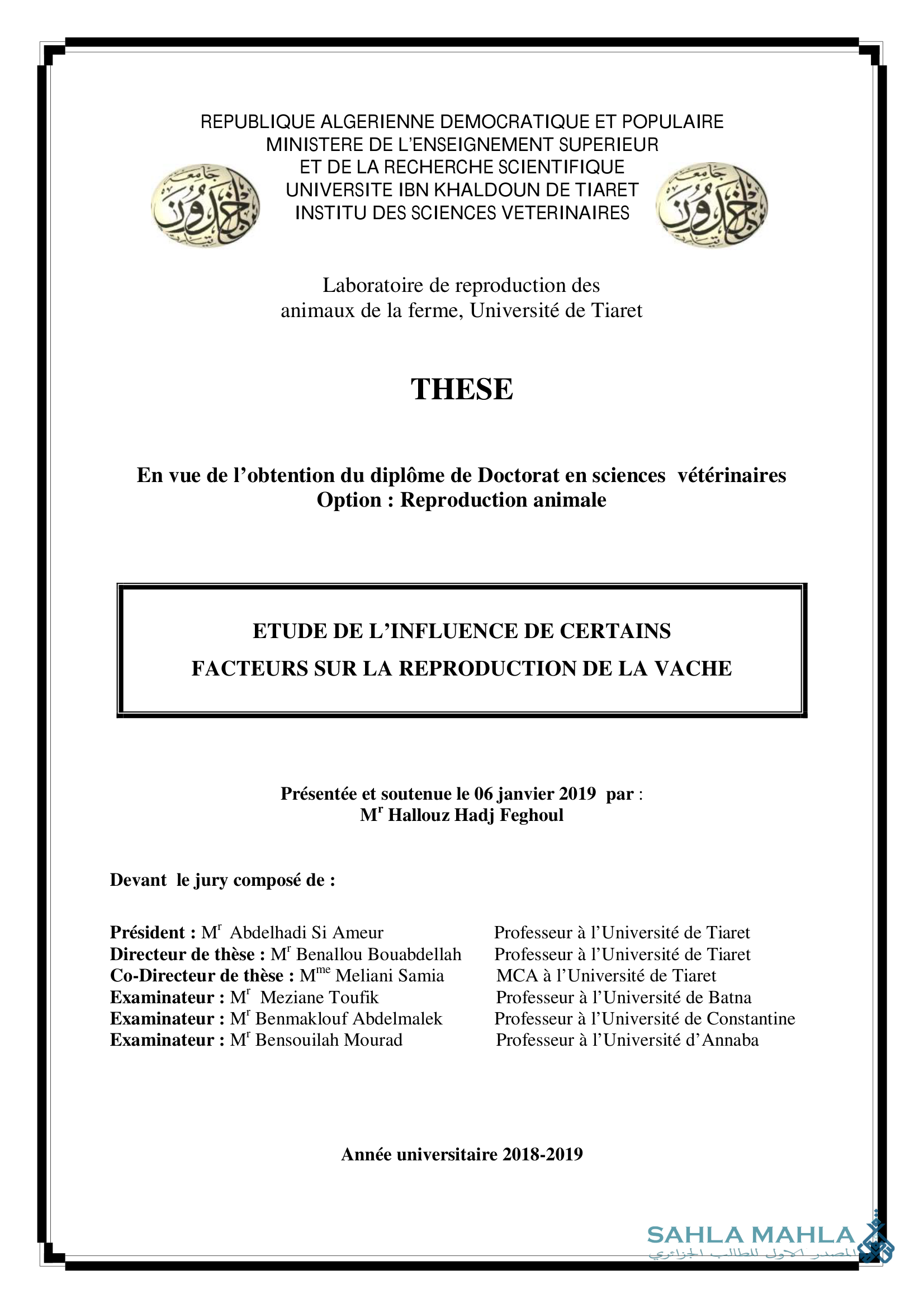 ETUDE DE L'INFLUENCE DE CERTAINS FACTEURS SUR LA REPRODUCTION DE LA VACHE