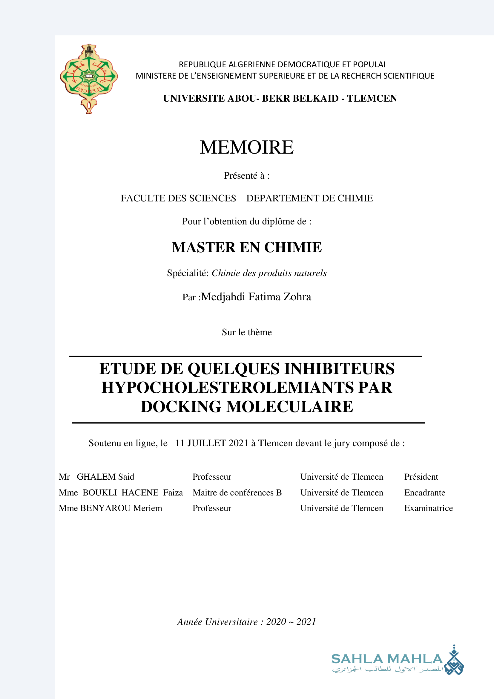 ETUDE DE QUELQUES INHIBITEURS HYPOCHOLESTEROLEMIANTS PAR DOCKING MOLECULAIRE