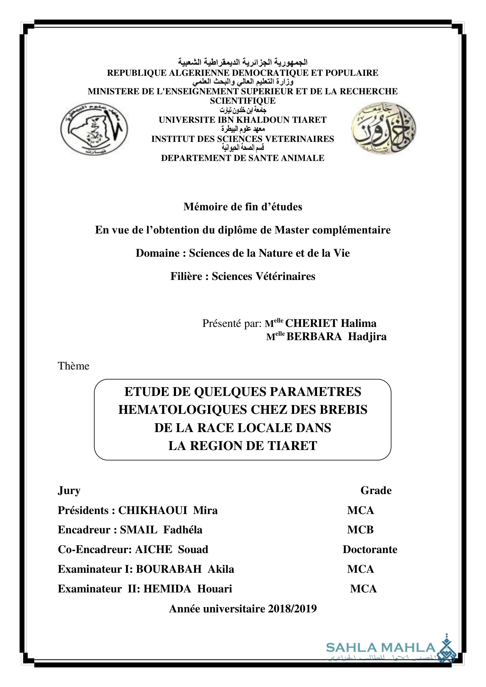 ETUDE DE QUELQUES PARAMETRES HEMATOLOGIQUES CHEZ DES BREBIS DE LA RACE LOCALE DANS LA REGION DE TIARET