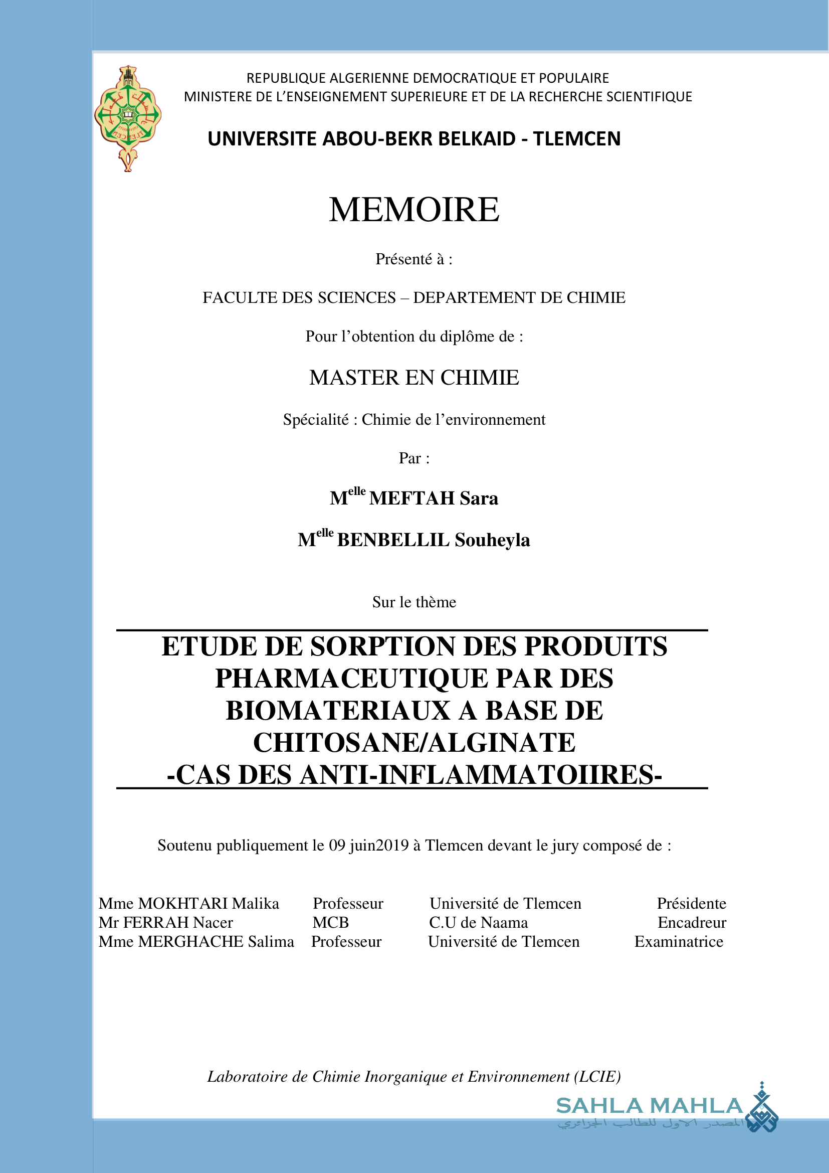 ETUDE DE SORPTION DES PRODUITS PHARMACEUTIQUE PAR DES BIOMATERIAUX A BASE DE CHITOSANE/ALGINATE -CAS DES ANTI-INFLAMMATOIIRES-