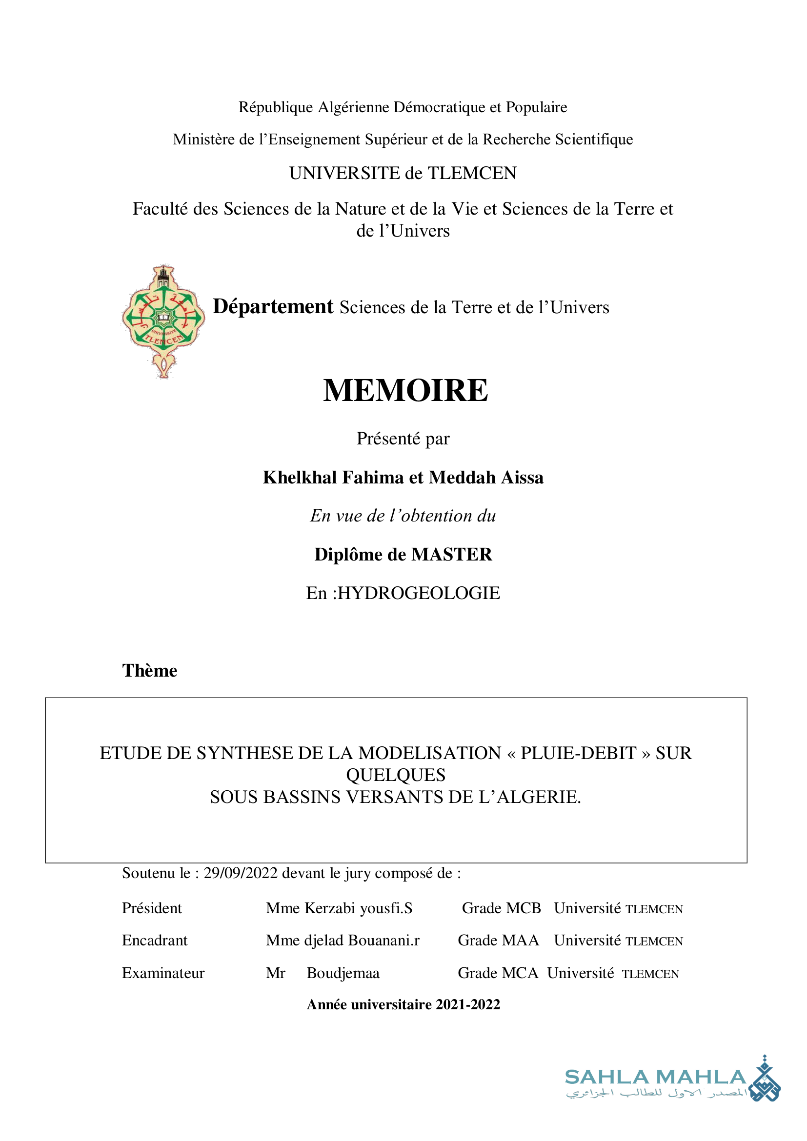 ETUDE DE SYNTHESE DE LA MODELISATION « PLUIE-DEBIT » SUR QUELQUES SOUS BASSINS VERSANTS DE L'ALGERIE.