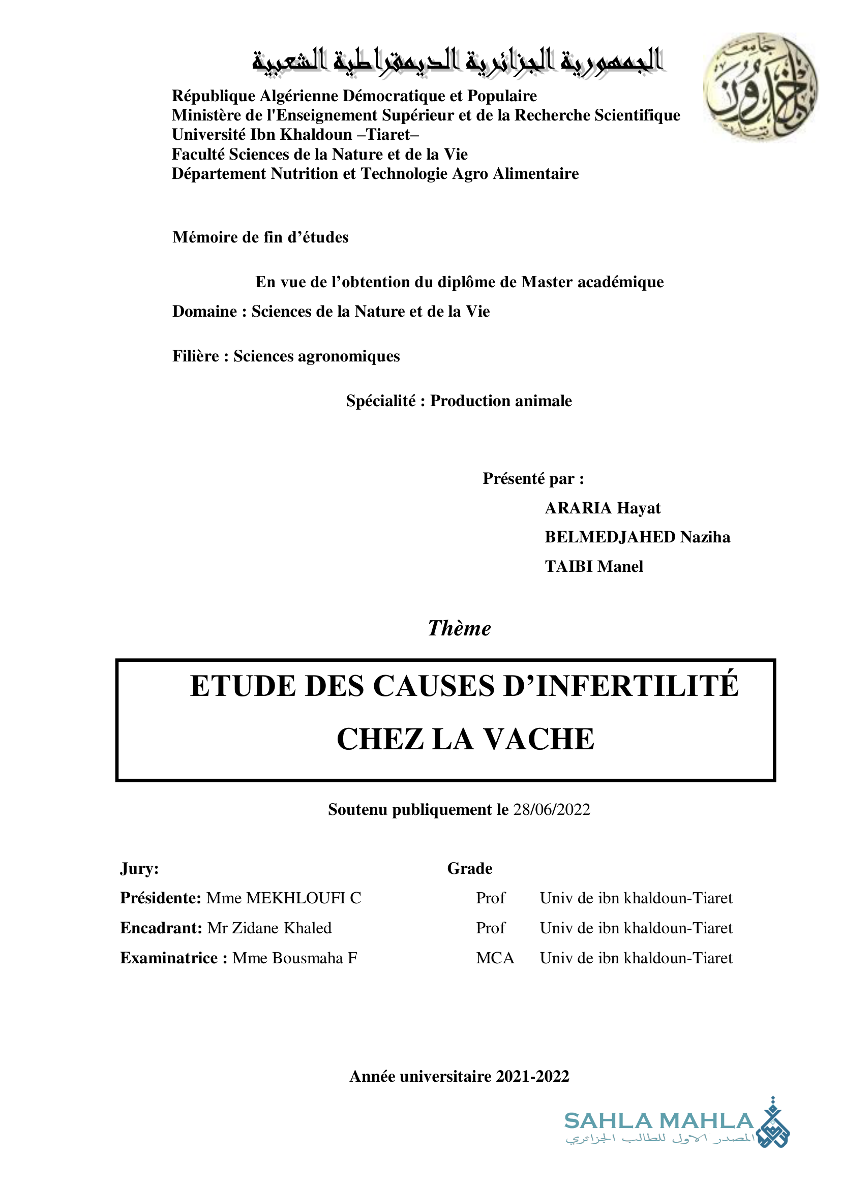 ETUDE DES CAUSES D'INFERTILITÉ CHEZ LA VACHE