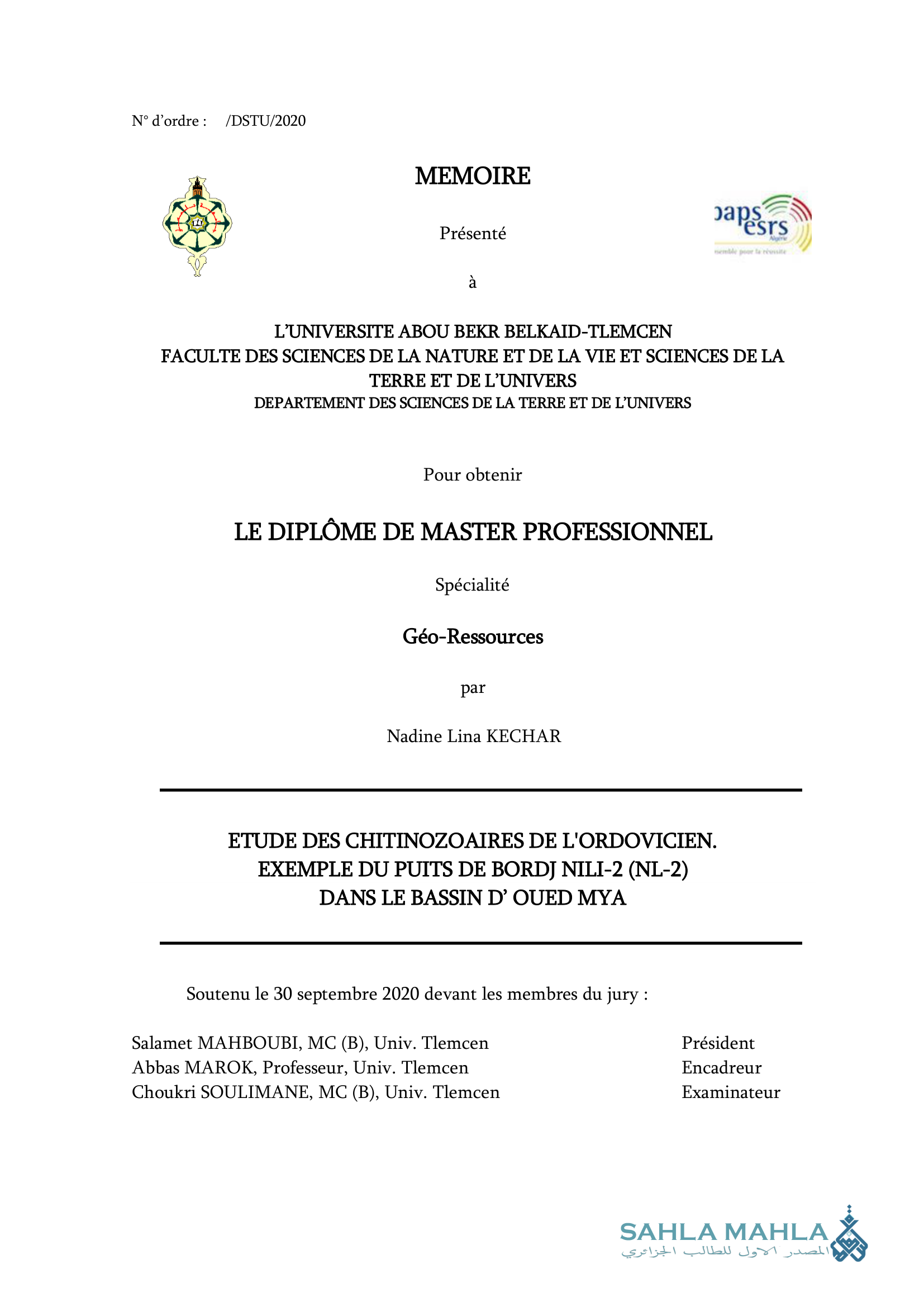 ETUDE DES CHITINOZOAIRES DE L'ORDOVICIEN. EXEMPLE DU PUITS DE BORDJ NILI-2 (NL-2) DANS LE BASSIN D' OUED MYA